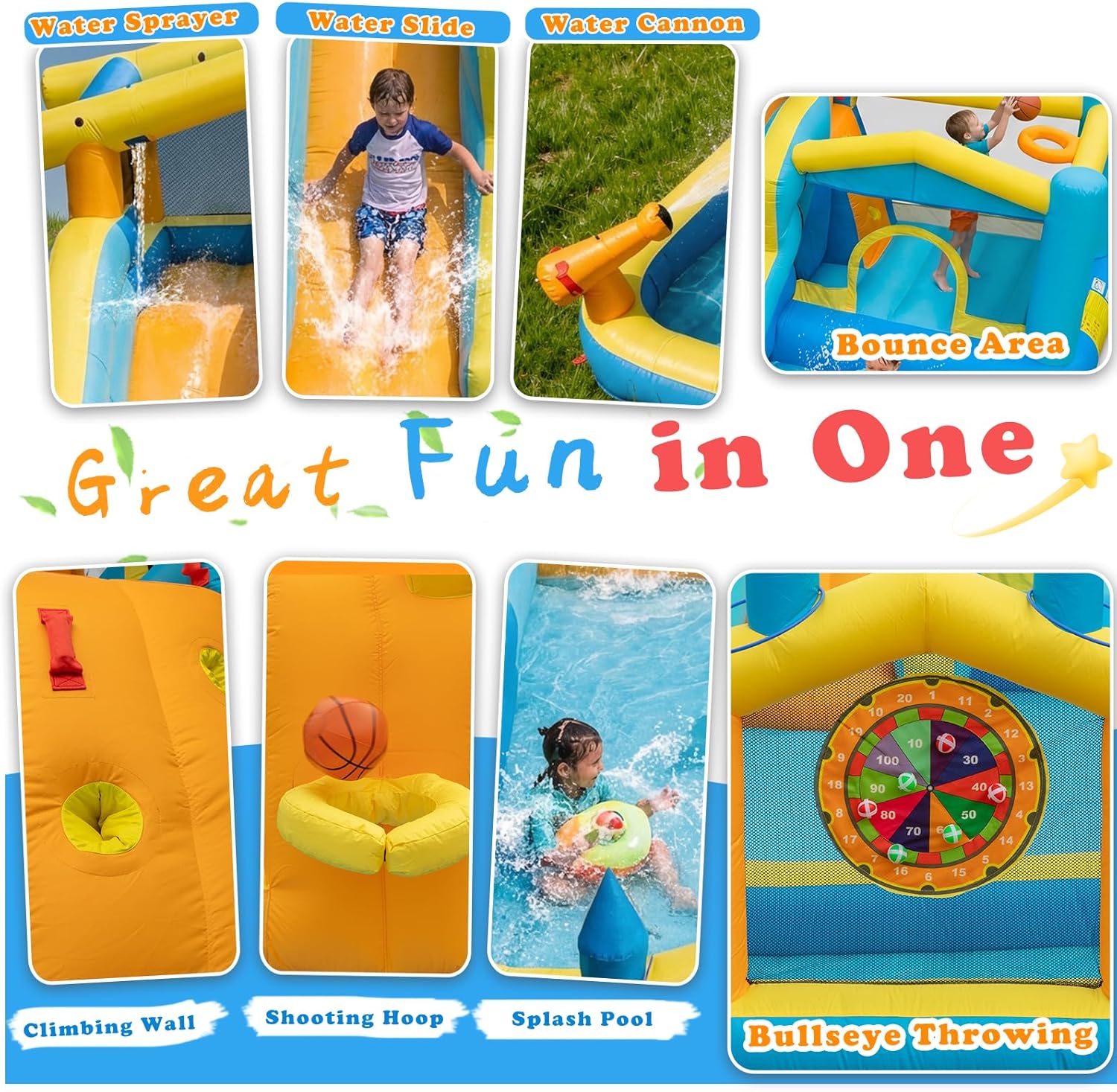 19.2FT Giant Inflatable Water Dual Slide for Kids Backyard,Blow Up Bounce House Water Park with 650W Blower,2 Slides,Climbing Wall,2 Splash Pool,Basketball Hoop,Dartboard Game,Water Cannon