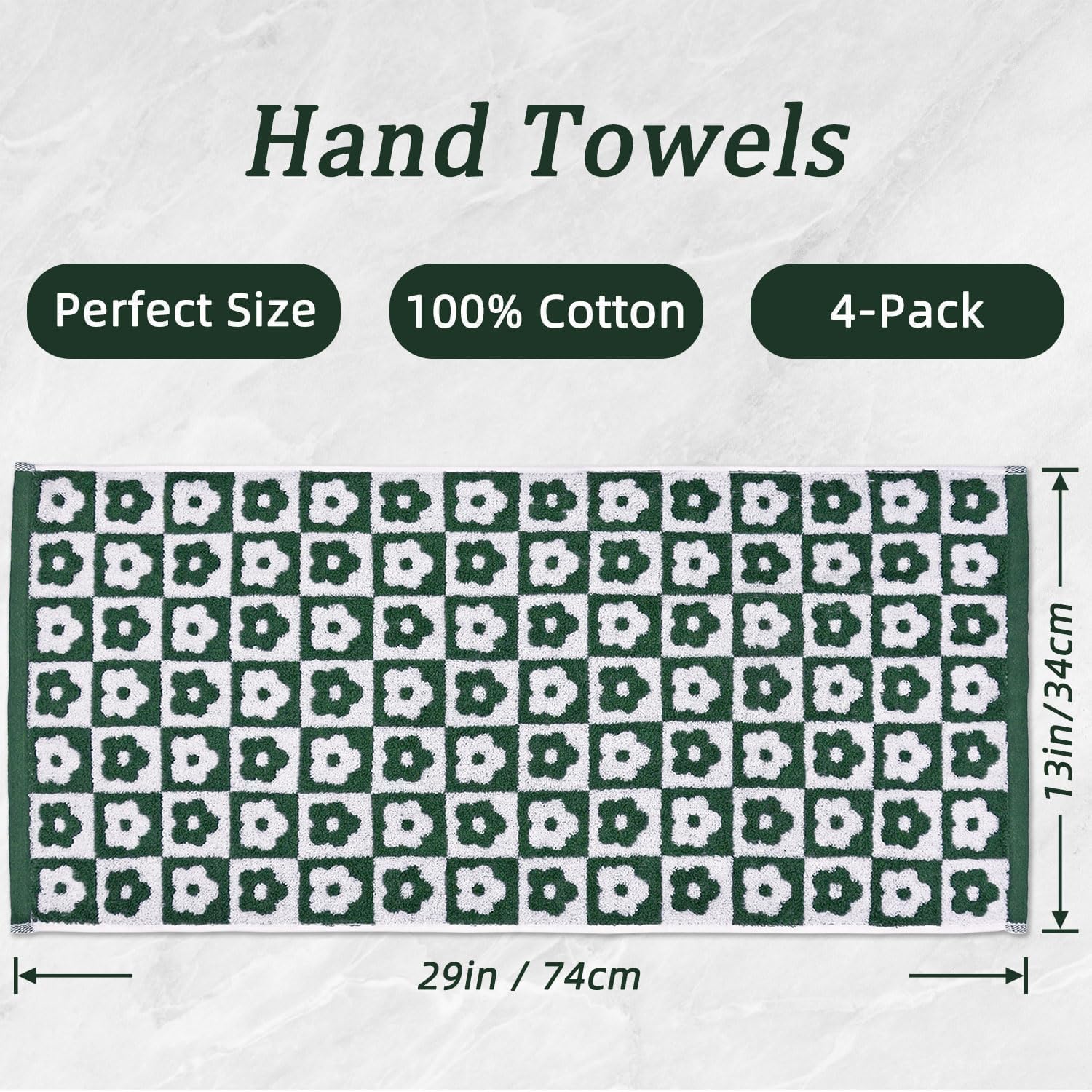 Jacquotha Cotton Hand Towels Green Checkered Floral - Quick Drying Hand Towel Set of 4, for Bathroom Kitchen Decor, 29” x 13”
