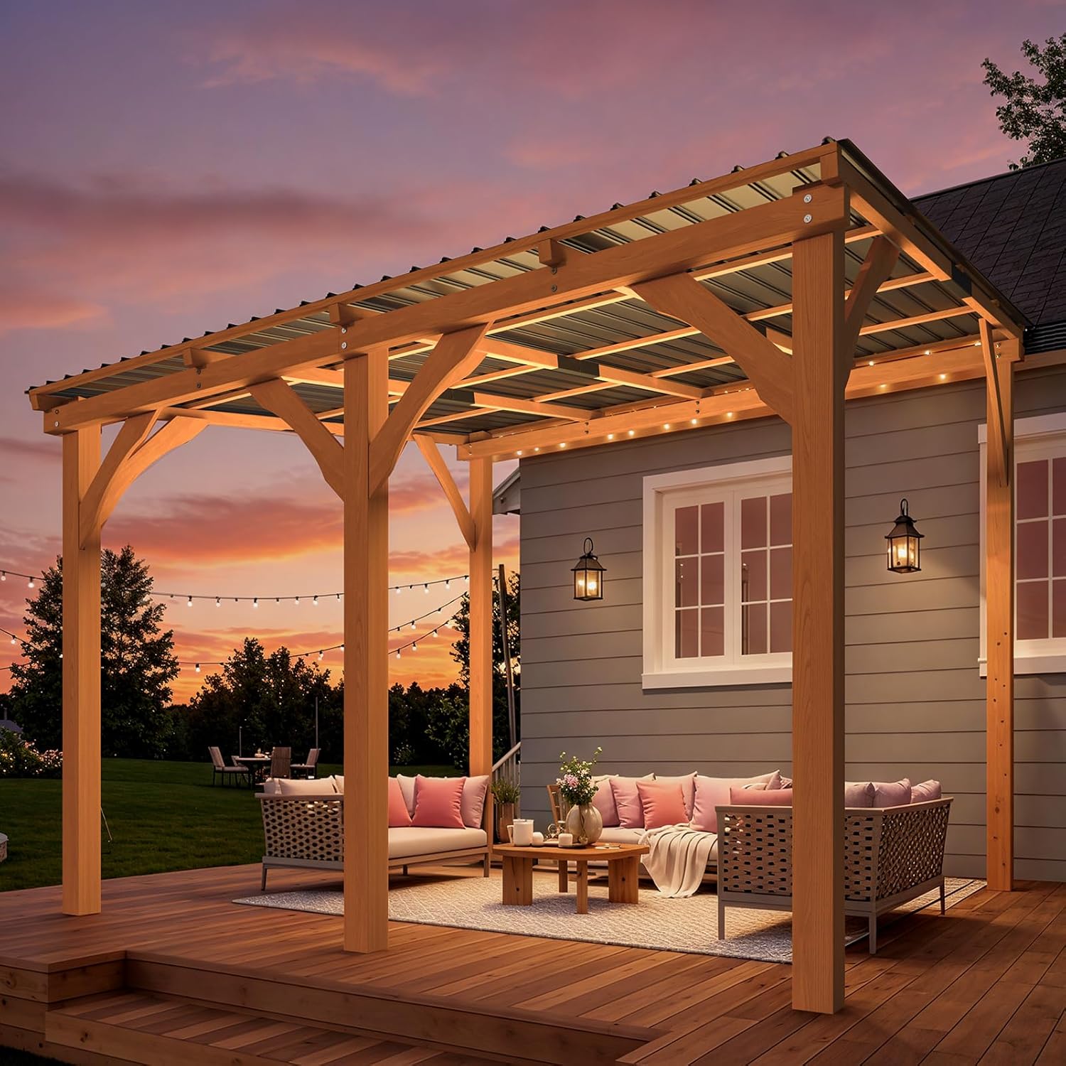 AECOJOY 10x10 Wood Cedar Gazebo attached to a house