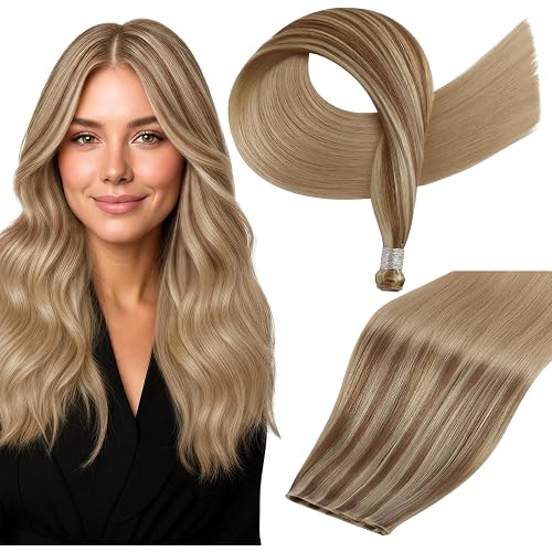 Full Shine Genius Weft Hair Extensions Human Hair 14 Inch 50g | Golden Brown Highlight Buttery Blonde, Hand Tied Sew In, Comfortable Wear, Breathable Track, for Women