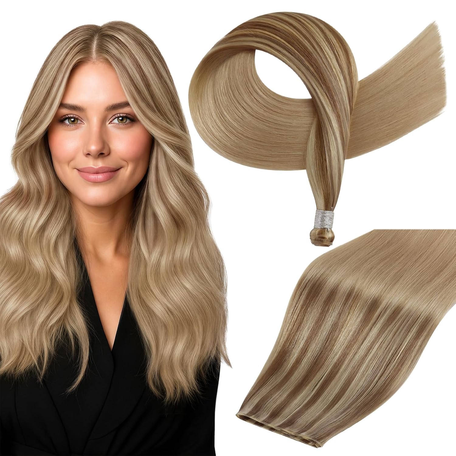 Full Shine Genius Weft Hair Extensions Human Hair 14 Inch 50g | Golden Brown Highlight Buttery Blonde, Hand Tied Sew In, Comfortable Wear, Breathable Track, for Women