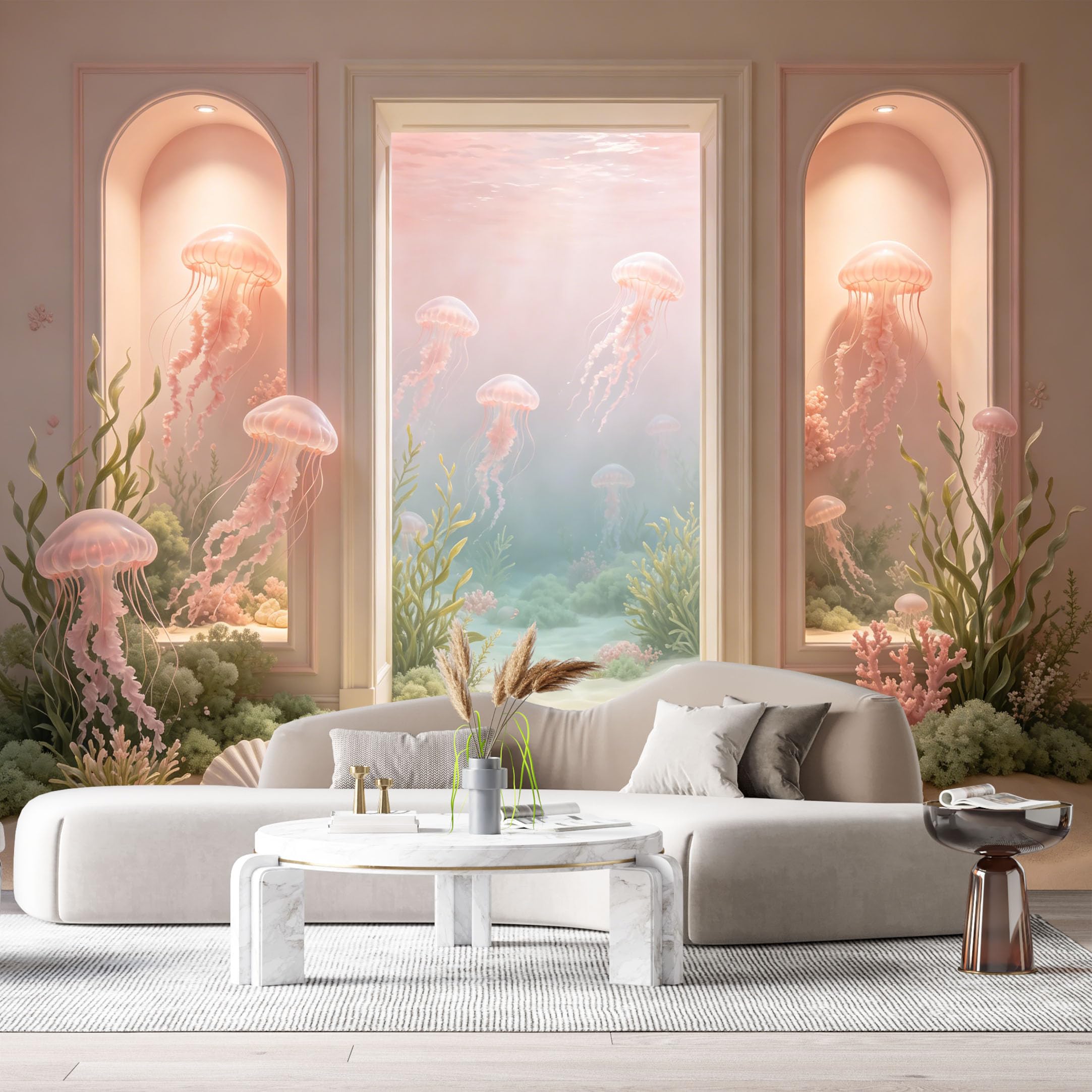 Custom Size Wall Murals Pink Jellyfish Ocean Marine 3D Trompe L'Oeil SelfAdhesiveWall Fabric Removable Wallpaper Wall Decor for Living Room Bedroom Bathroom