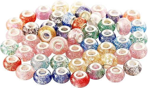 YouLuo Large Hole Beads Resin Imitation Glass European Beads Lampwork Spacer Charms Beads Assortments Silver Plated Cores for DIY Crafts Charms