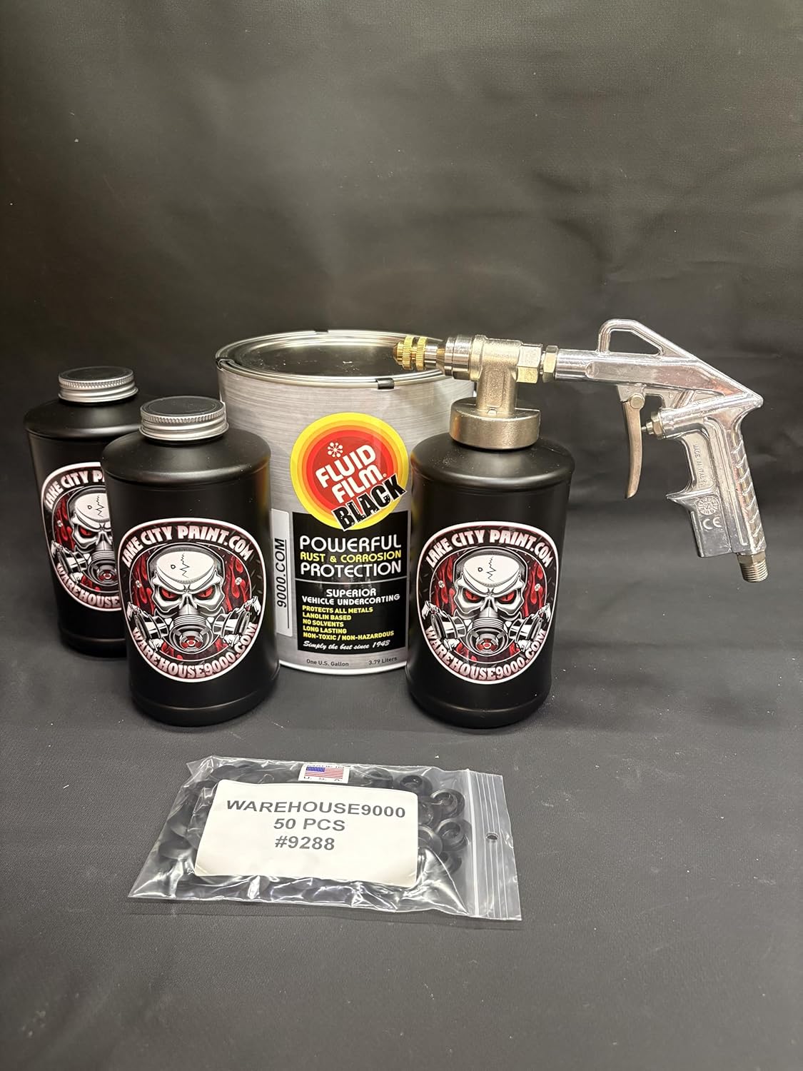 Black FF Lanolin Undercoating Fluid Gallon, Pro Undercoating Gun, 3 Black Empty Quart Bottles, and 50 Rust Plugs