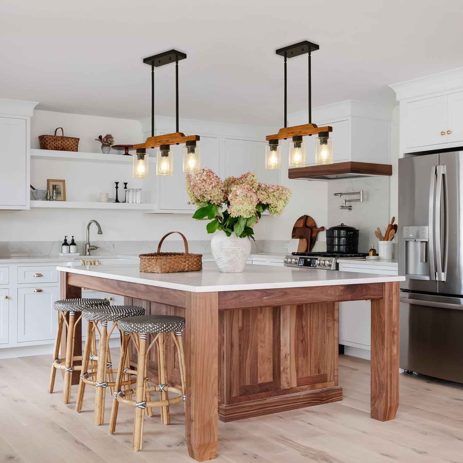 Farmhouse Linear Chandeliers 3-Light Kitchen Island Lighting, Black Rustic Wood Ceiling Pendant Light with Seeded Glass Shade, Farmhouse Dining Room Light Fixture