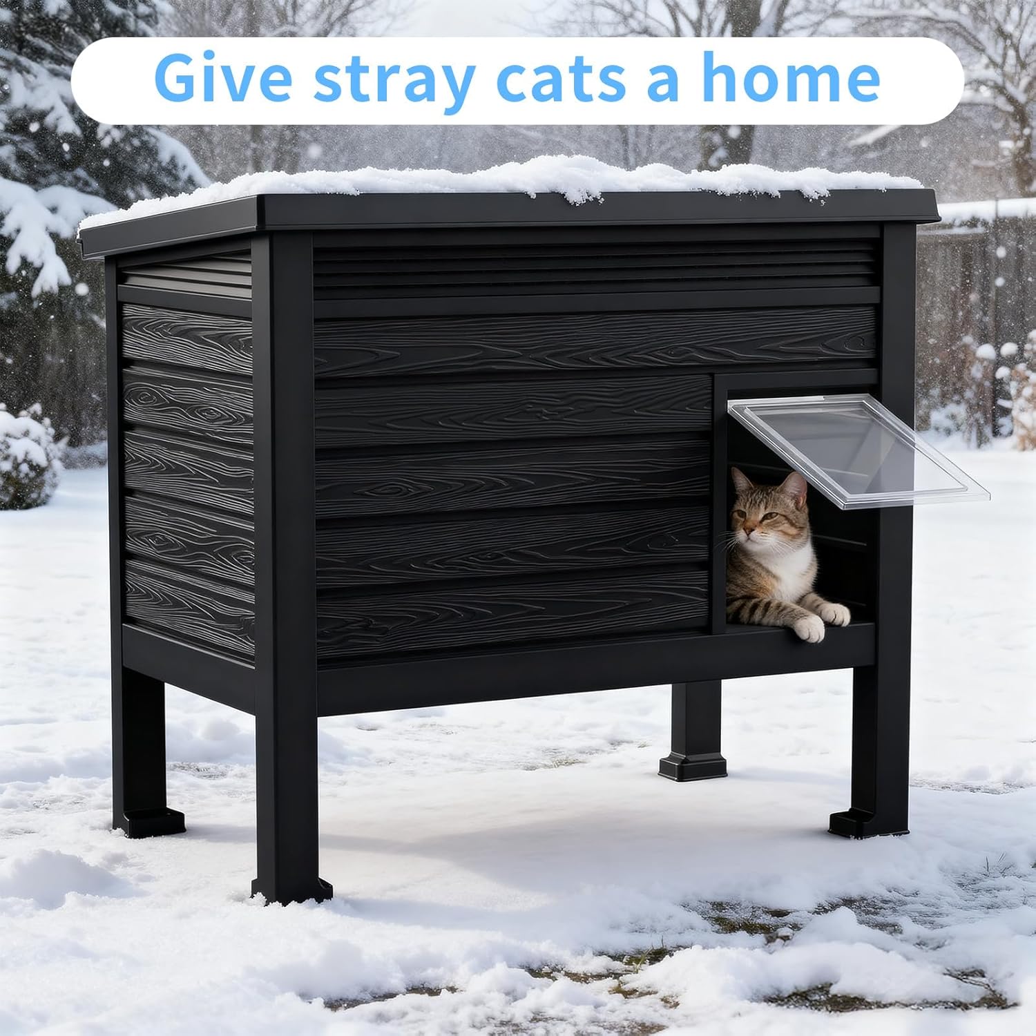 Heated Outdoor Cat House,Weatherproof Insulated Feral Cat Shelter with Rasied Floor & Windscreen,Outdoor Cat House for Feral Cats, Rabbits,Multiple Small Animals (Black with Heating Pad)