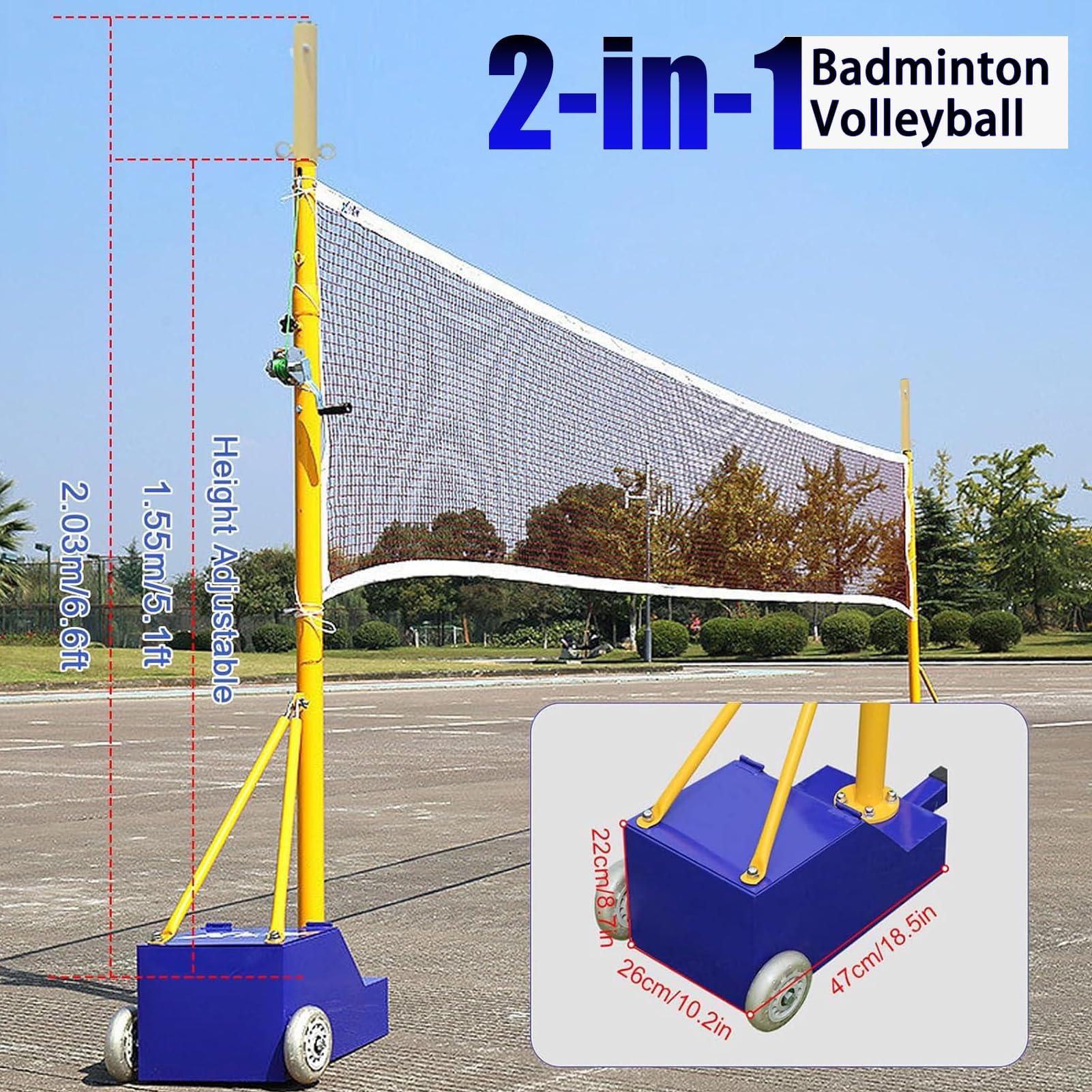Support de Filet et Ballon de Volley-Ball Robuste avec Hauteur de Filet réglable (1,56 m - 2,07 m) | Bâton de Volley-Ball Portable pour Jardin avec Base et Roues, adapté à Une Utilisation in