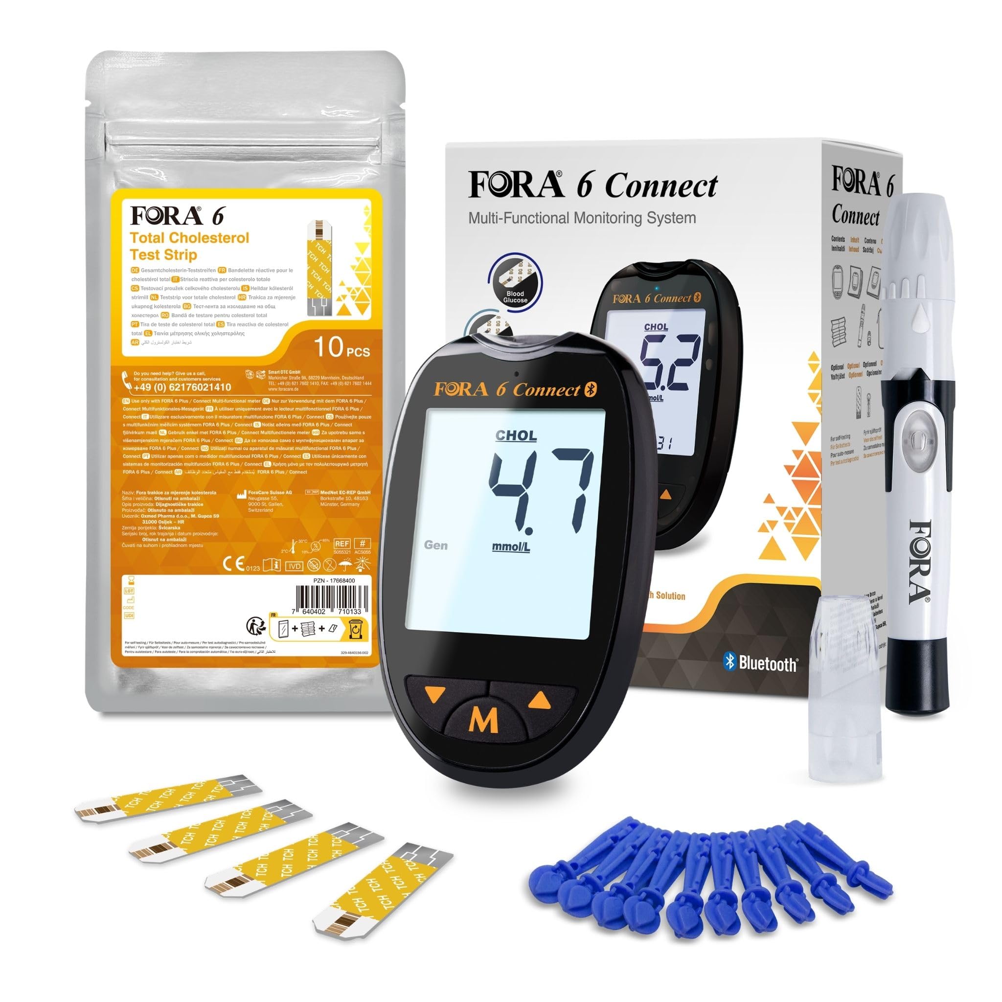 FORA 6 Connect mmol/L Cholesterinmessgerät mit 10 Teststreifen + 10 Lanzetten | Bluetooth & App-Synchronisation | Für Gesamtcholesterin-Messung zu Hause