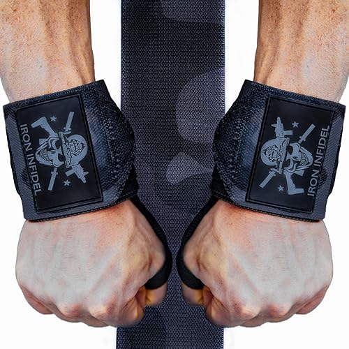 Iron Infidel Muñequeras para levantamiento de pesas, soporte resistente de 18 y 24 pulgadas para entrenamiento, accesorios de gimnasio para hombres,
