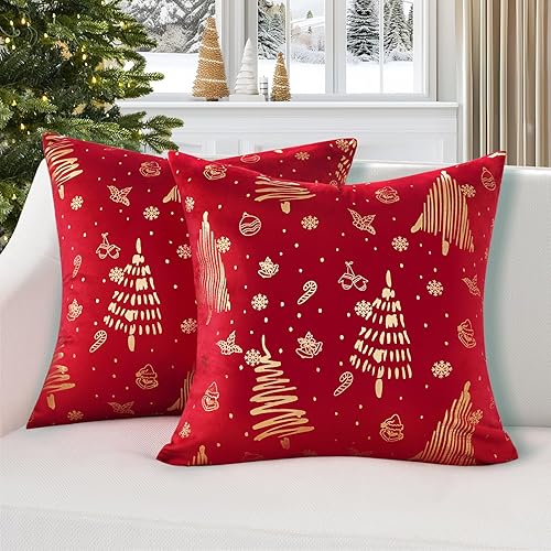 Topfinel Juego de 2 fundas de almohada decorativas de Navidad rojas y doradas de 18 x 18 pulgadas, decoraciones de Grinch de árbol de Navidad,