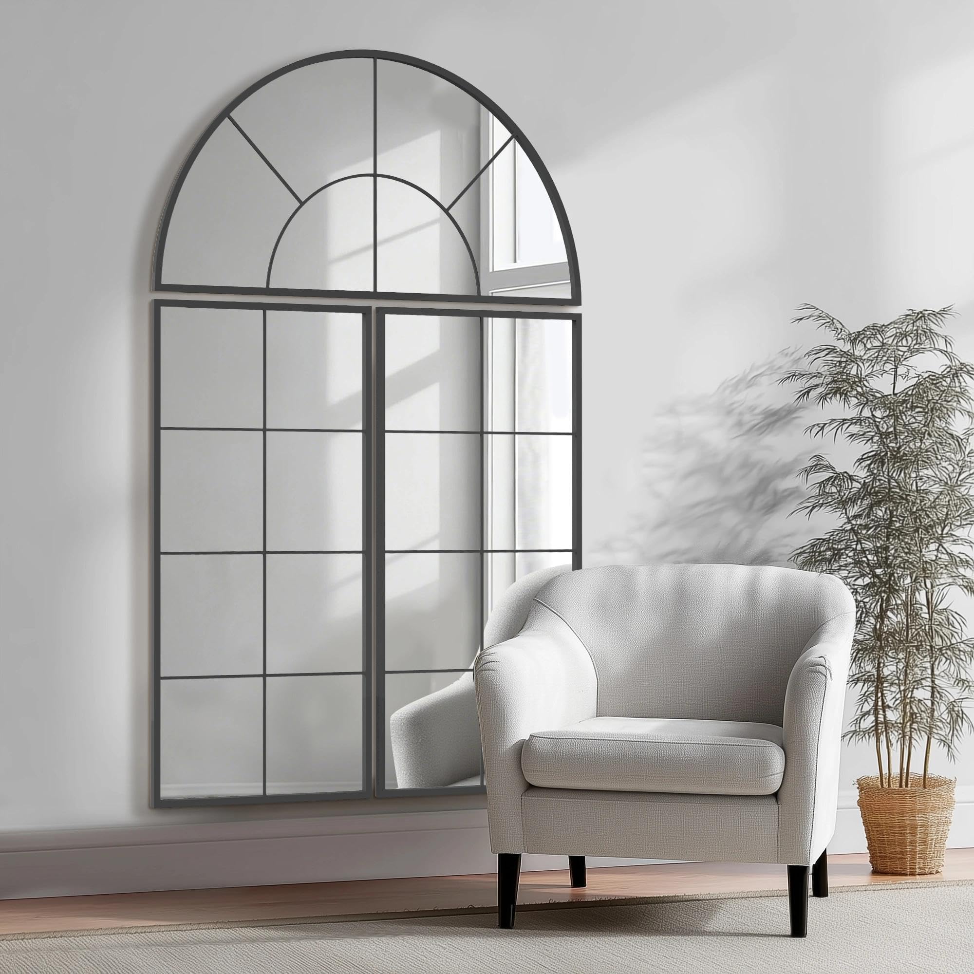 Besdomus Arched Window Pane Mirror: 60"x90" Large Black Framed Wall Mirror - 3Pieces Oversize Wall Decor for Entryway/Hallway/Living Room - Ideal for