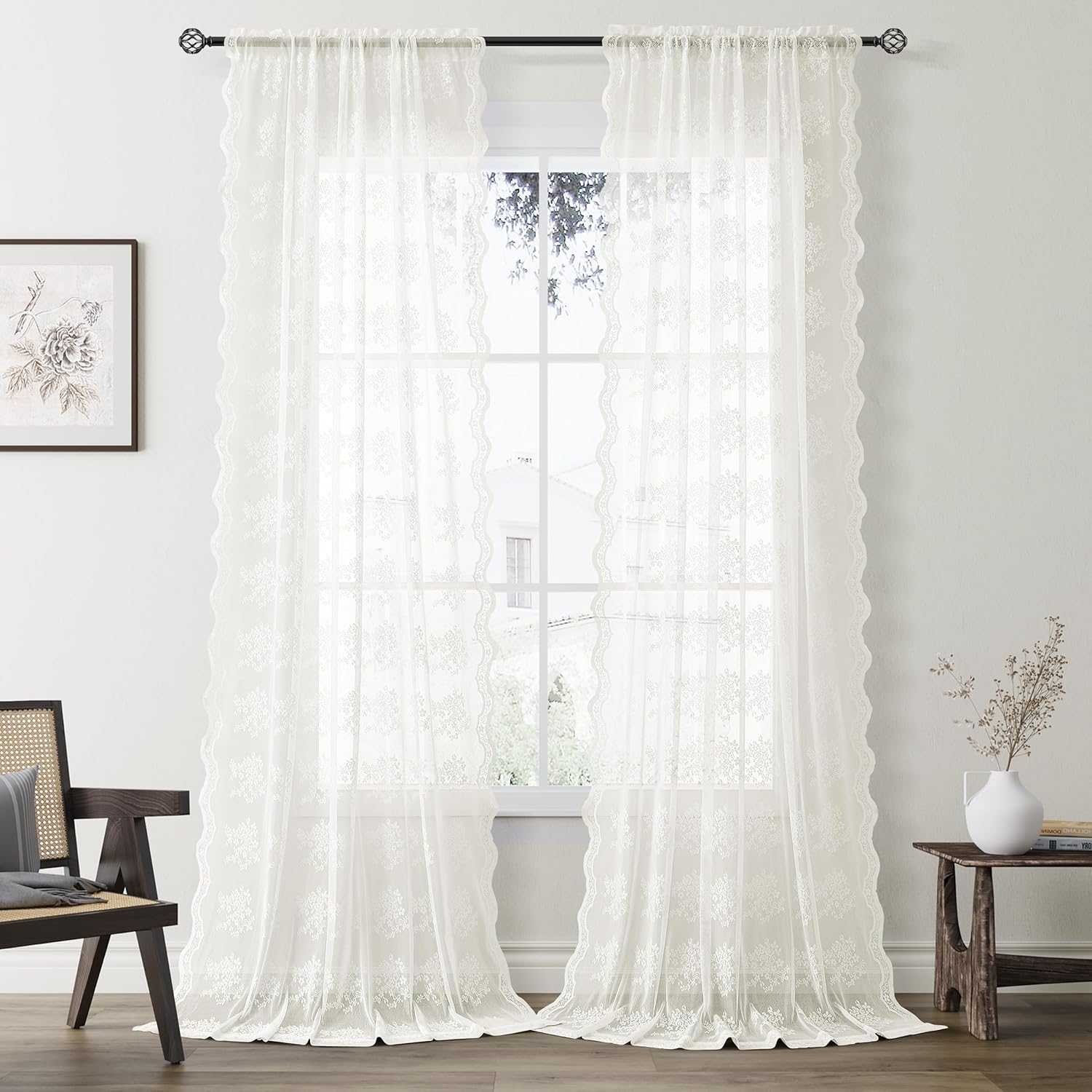 Ivory Lace Curtains 102 Inches Long 2 Panels Vintage Voile Lace Sheer Floral Curtain Farmhouse Boho Textured Flower Chic Rod Pocket Privacy Window Treatment Pair Decor Drapes for Living Room 52x102