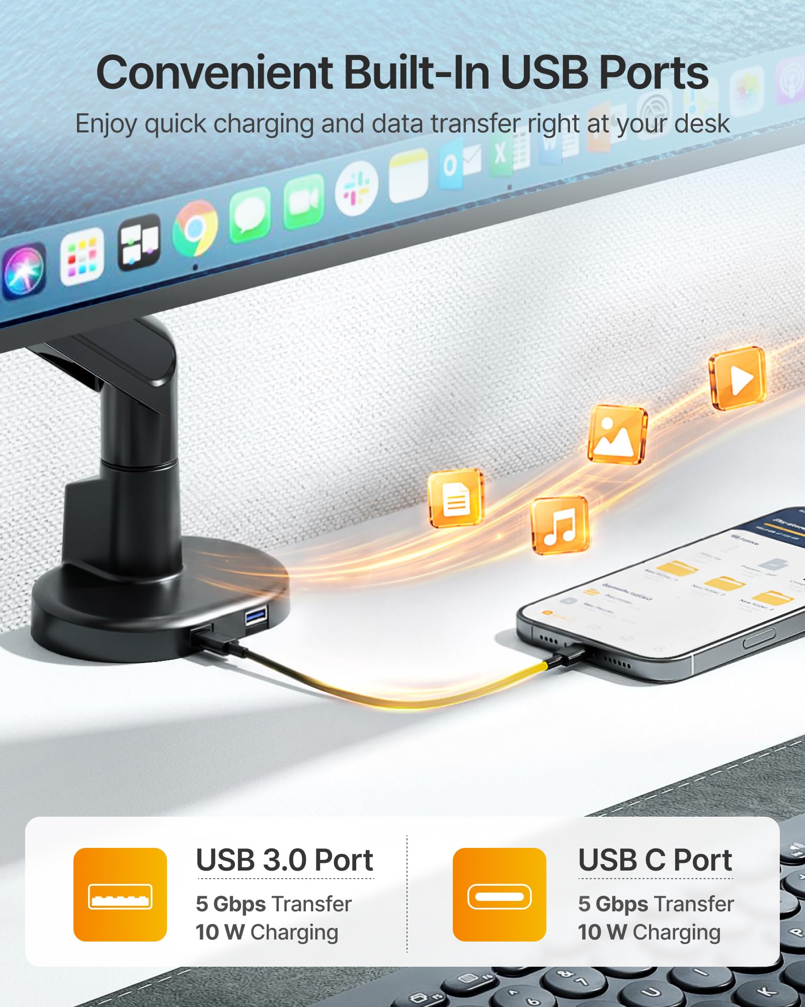 monTEK Braccio singolo per monitor con USB A/C, supporto regolabile per impieghi gravosi per schermi da 17″ a 40″, braccio Full Motions molla meccanica può contenere fino a 12 kg, VESA 75x75/100x100