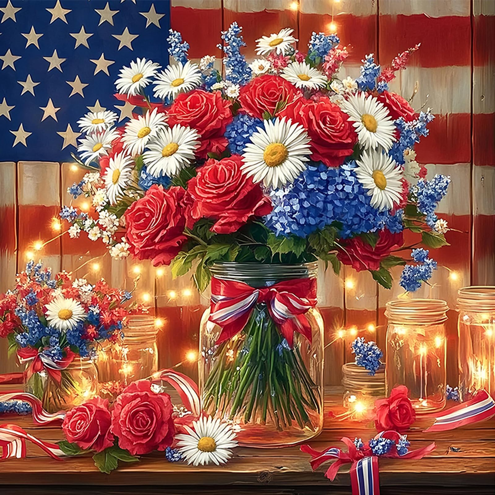 Poetrydraw Patriotic Floral Bouquet Diy 5D Round Drill Diamond Art Kit 40X40cm For Adults & Beginners Gift Home Decor