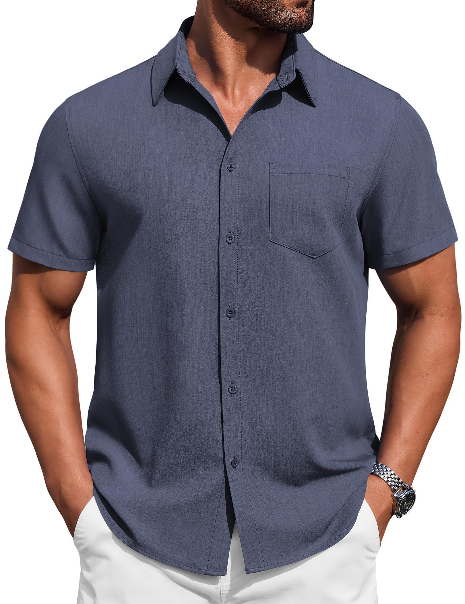 COOFANDY Mens Button Down Short Sleeve Shirt Casual Summer Stretch Denim Dress Shirts with Pocket