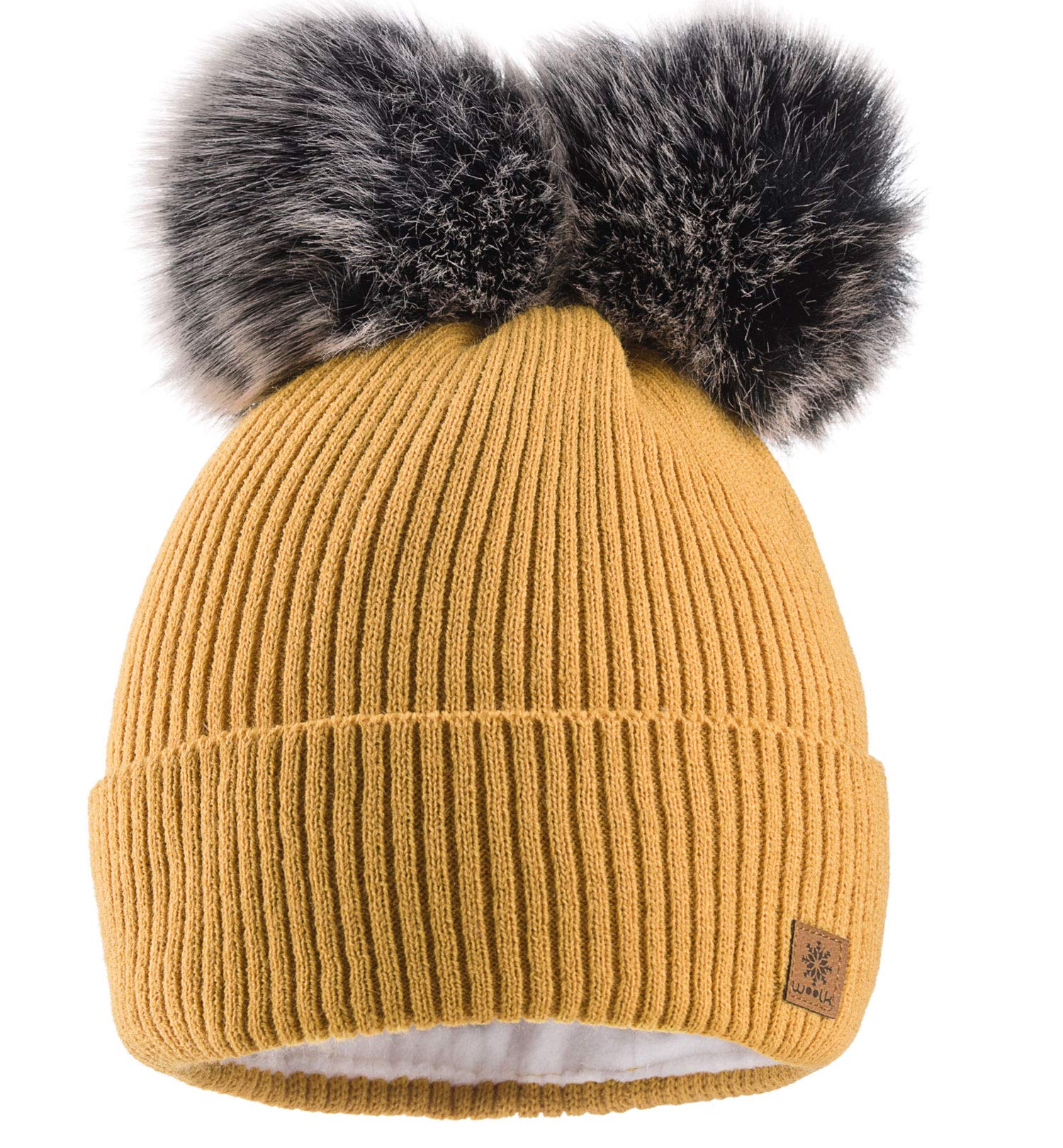 MFAZ Morefaz Ltd Women Ladies Winter Beanie Hat Knitted Chunky with Double Faux Fur Pom Pom (Mustard)