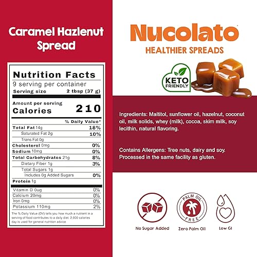Miniatura 2 de NUCOLATO  Crema de caramelo y avellana  12.3 oz - 350 g  Apto para dieta cetogénica - Sin gluten - Sin azúcar añadido  El mejor postre bajo en