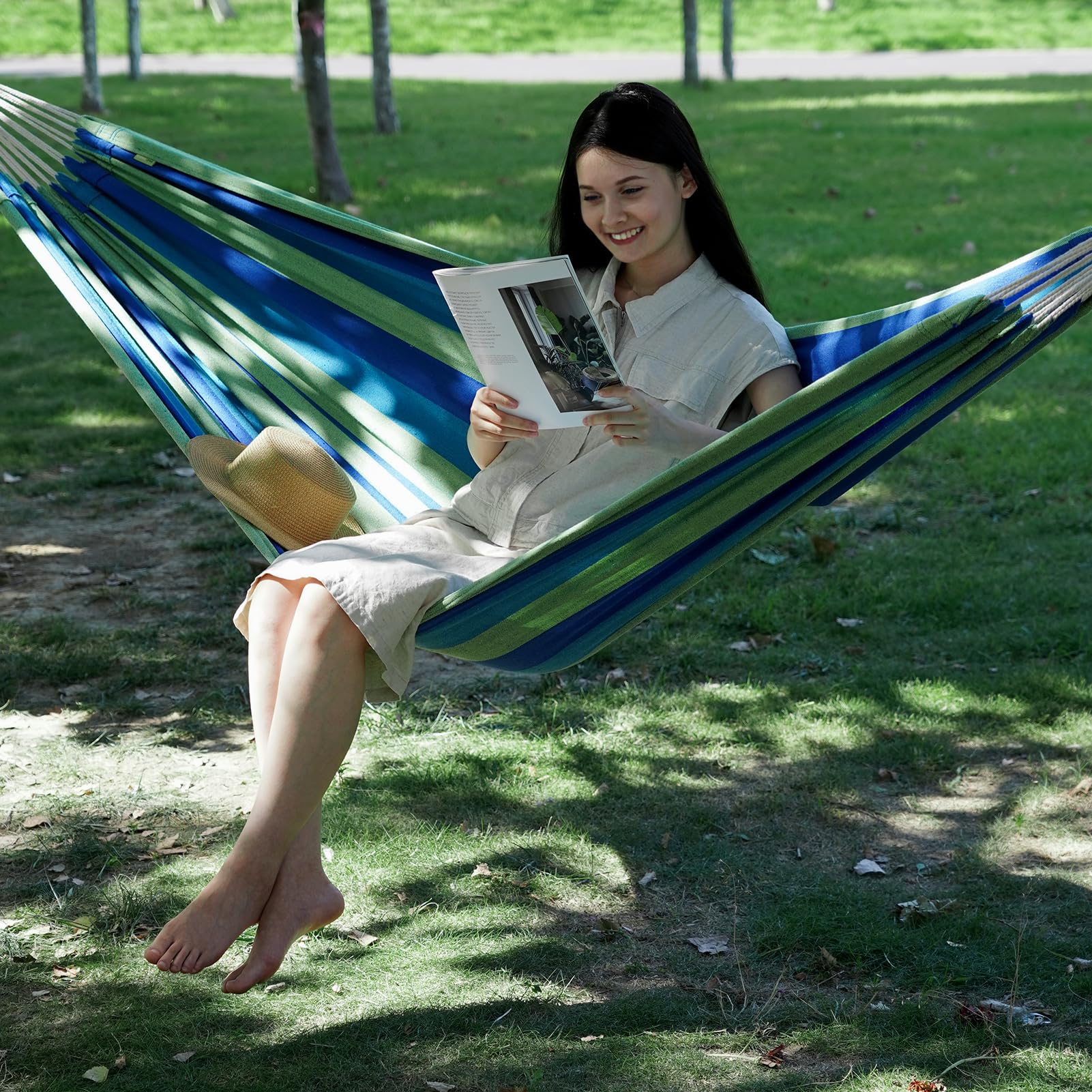 Hamaca para 2 personas con correas de árbol, hamaca doble brasileña, cama de camping portátil colgante para patio, patio, porche, uso en exteriores e interiores, hamaca de algodón suave con bolsa de