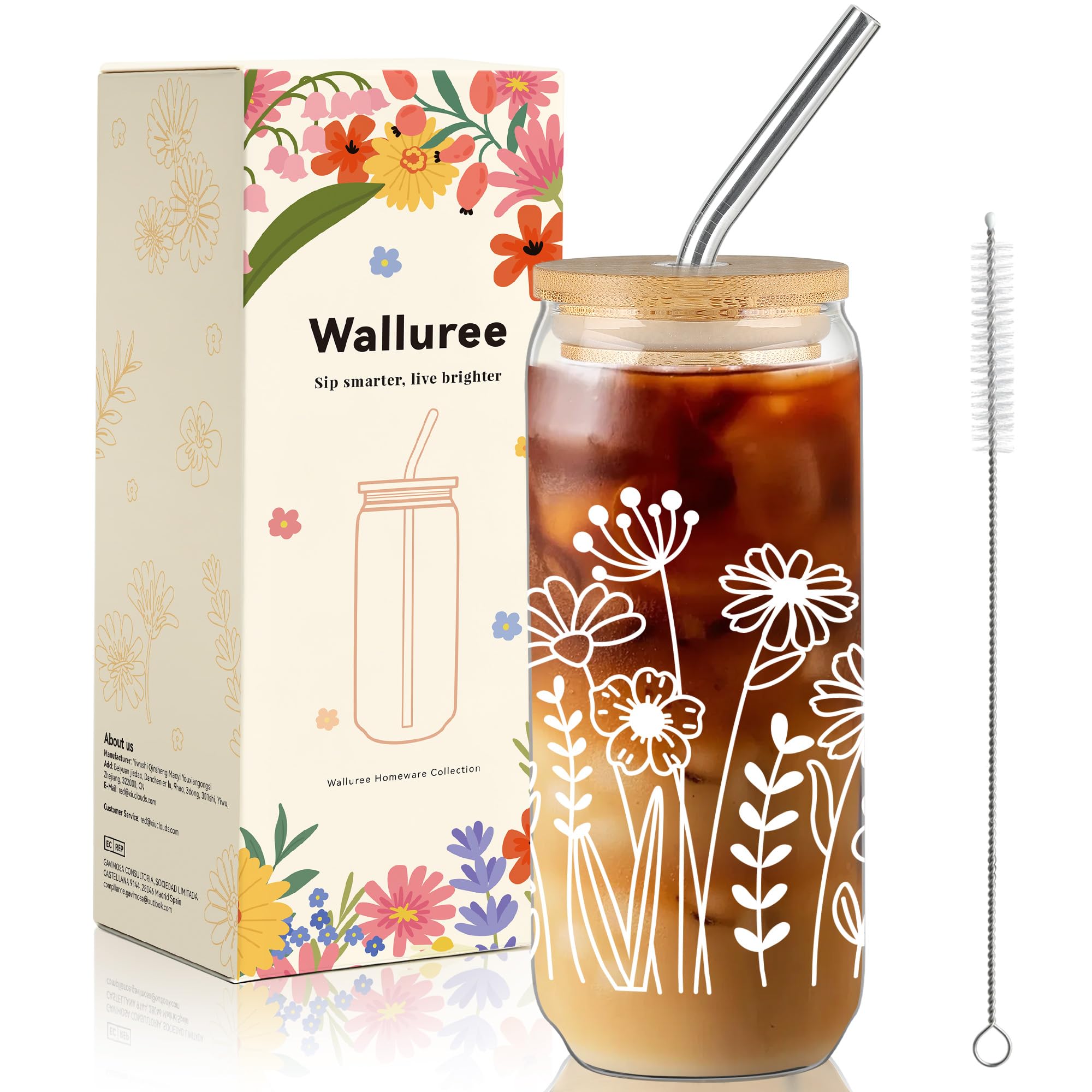 Walluree Glass Cups with Lids and Straws 600ml Flower Iced Coffee Tumbler