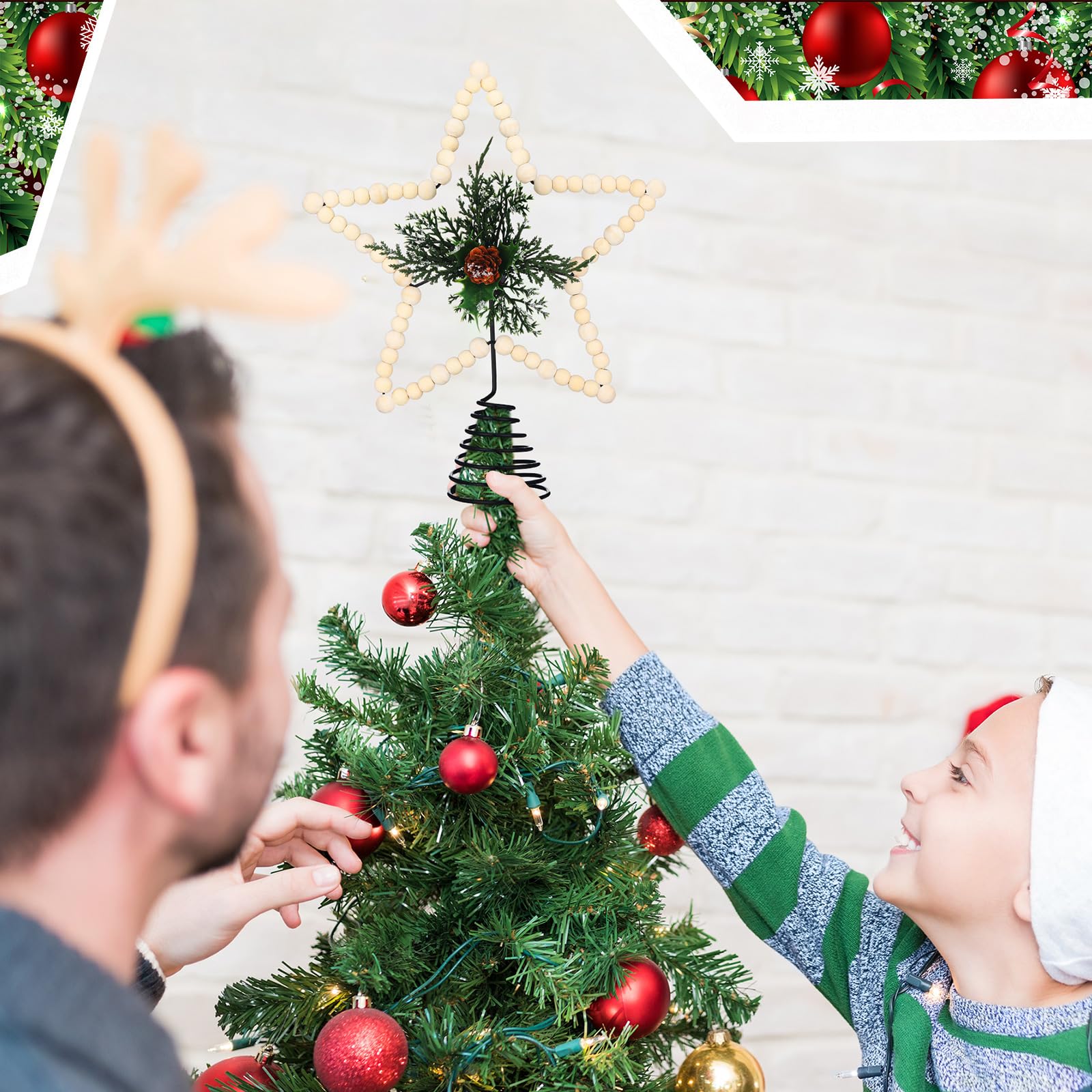 Gejoy Cimier de sapin de Noël rustique en bois pour décoration de Noël rustique (cône, bois)