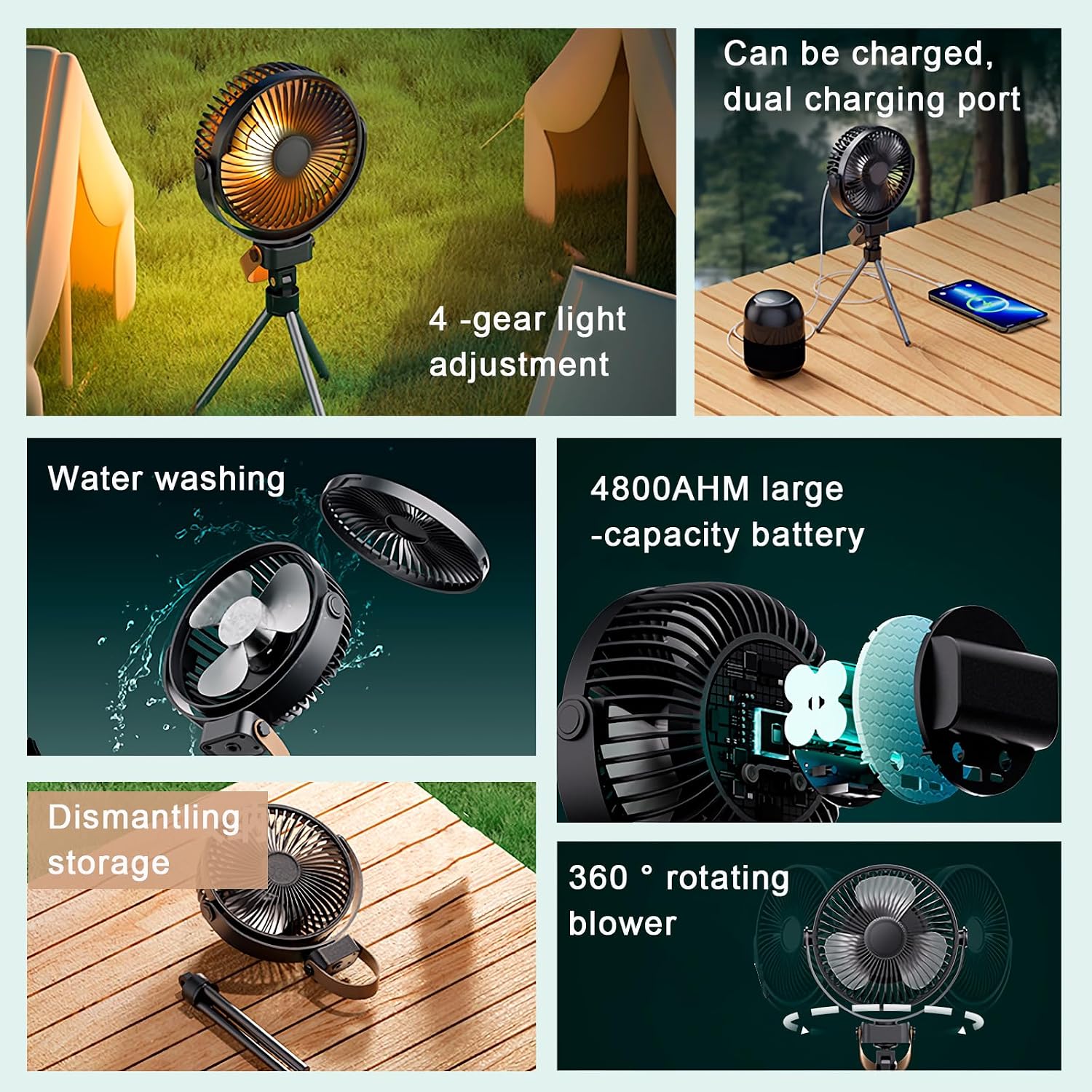 Mini Portable Camping Fan，Battery Operated Small Powerful USB Desk Fan，Rechargeable fan with LED light and dual charging ports，360° Rotate Personal Cooling Fan for Home Office Stroller (White)