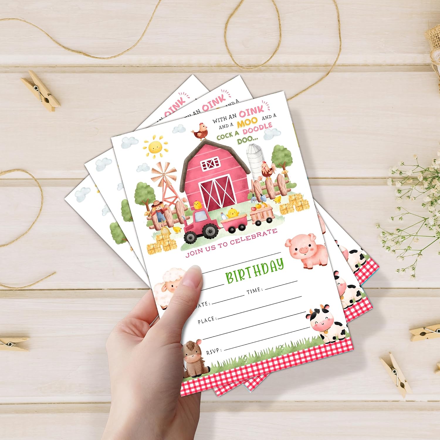 Barn Farm Animals Birthday Party Invitation With Envelopes for girl boy teen, kid Modern Farm Animal Invite Party Celebration Supplies, 20set （Pink)