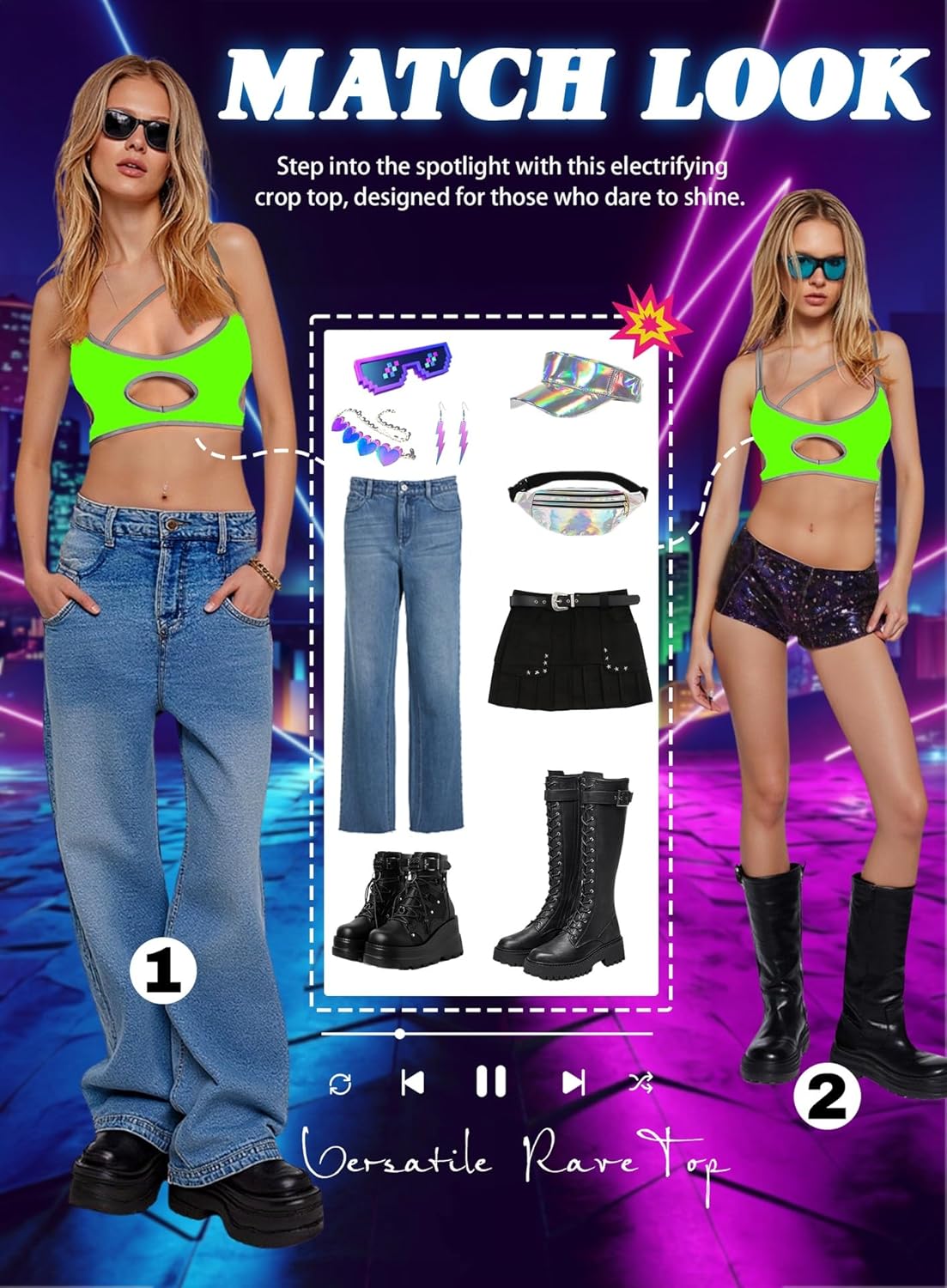 Reflective Rave Top for Women - Music Festival Cutout Crop Tank Futuristic Underboob Shirt Bikini Concert Outfits