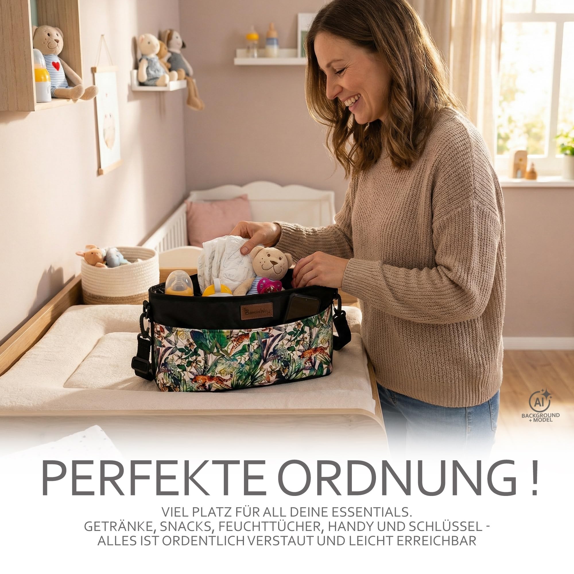 BambiniWelt organizer do wózka dziecięcego – torba do przewijania z uchwytem na napoje i zamkiem błyskawicznym, kompaktowa torba Buggy z wodoodpornego materiału z mikrofibry, lekka, stylowa i