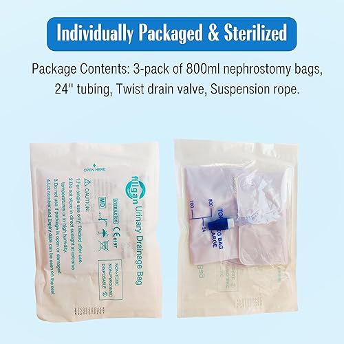 Miniatura 5 de Bolsas de nefrostomía de 27.1 fl oz con tubo de silicona de 24 pulgadas, bolsa de drenaje de orina con válvula de drenaje giratorio, paquete de 3