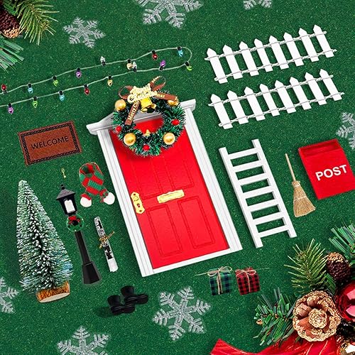 Miniatura 5 de JCOOS Mini puerta de elfo rojo de madera navideña para pared, kit de puerta de hadas en miniatura, accesorios de casa de muñecas de Navidad, juego