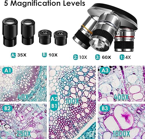 Miniatura 6 de Microscopios binoculares compuestos, microscopio de estudiantes 8000x1000015000x, con iluminación LED dual y etapa mecánica, 10 piezas de espécimen