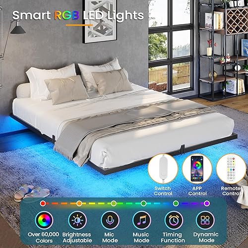 Miniatura 4 de DICTAC Base de cama Queen con luces LED, cama flotante tamaño Queen, plataforma de metal con listones de acero resistente y 4 topes de colchón,