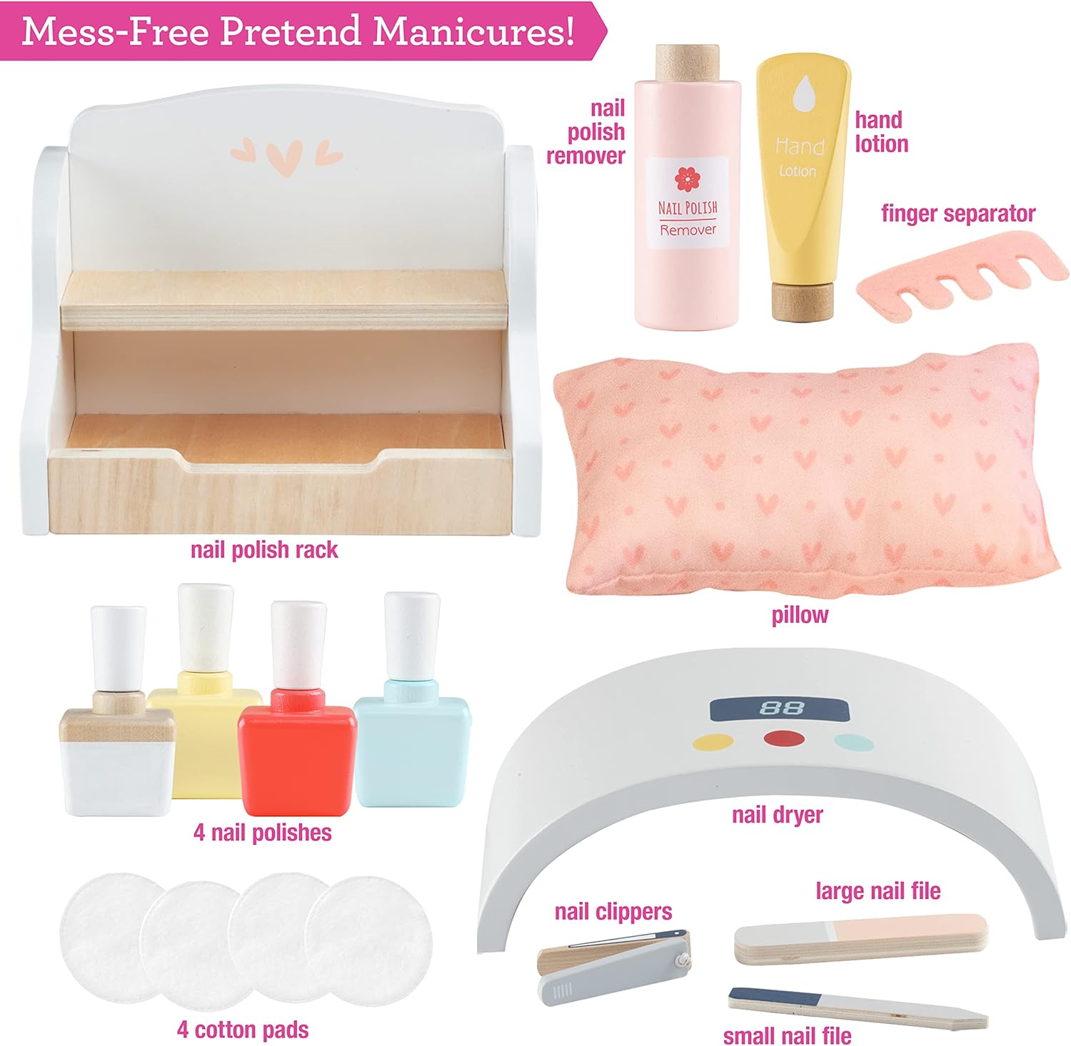 Pretend Nail Salon Wooden Play Set- Glam & Glow Full Playset Includes Nail Polishes, Beauty Caddy, File, Dryer Chair & Stool- Mess-Free Girls Fun Mani Pedi Manicure Care, Kids Indoor Activity Center