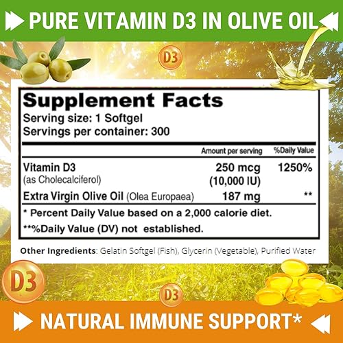 Miniatura 3 de Vitamina D3 prémium de 10000 UI (250 mcg) infundida con aceite de oliva virgen extra, apoyo inmunológico, 300 cápsulas blandas, apoya la salud del
