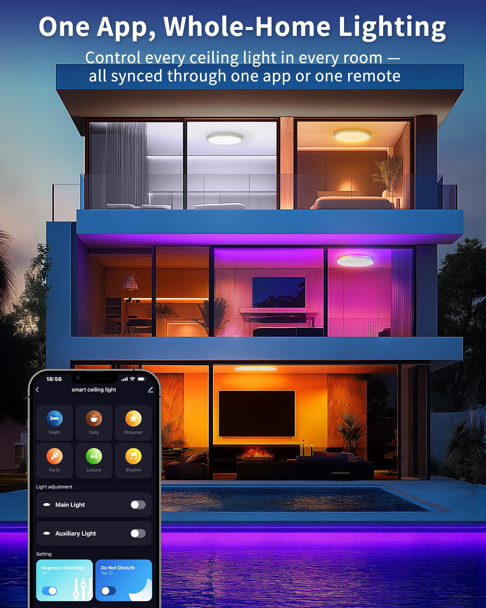 Plafón LED Inteligente 24W Regulable con Mando y Control WiFi – Lámpara de Techo Ultrafina con Luz de Fondo RGB, Compatible con Alexa y Google Home, para Salón y Dormitorio
