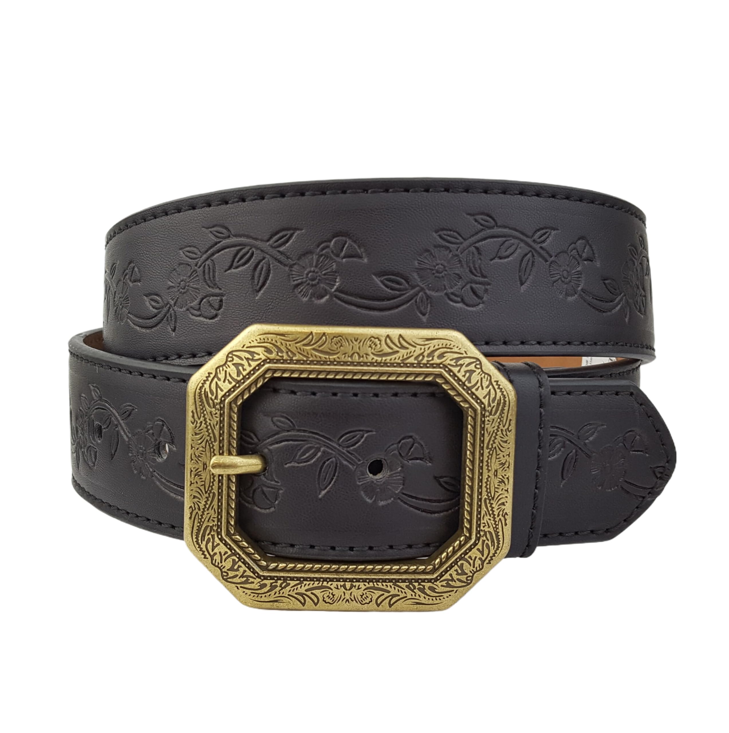 AXESORIA: Floral Embossed Belt with Western Brass Buckle Black S/M
