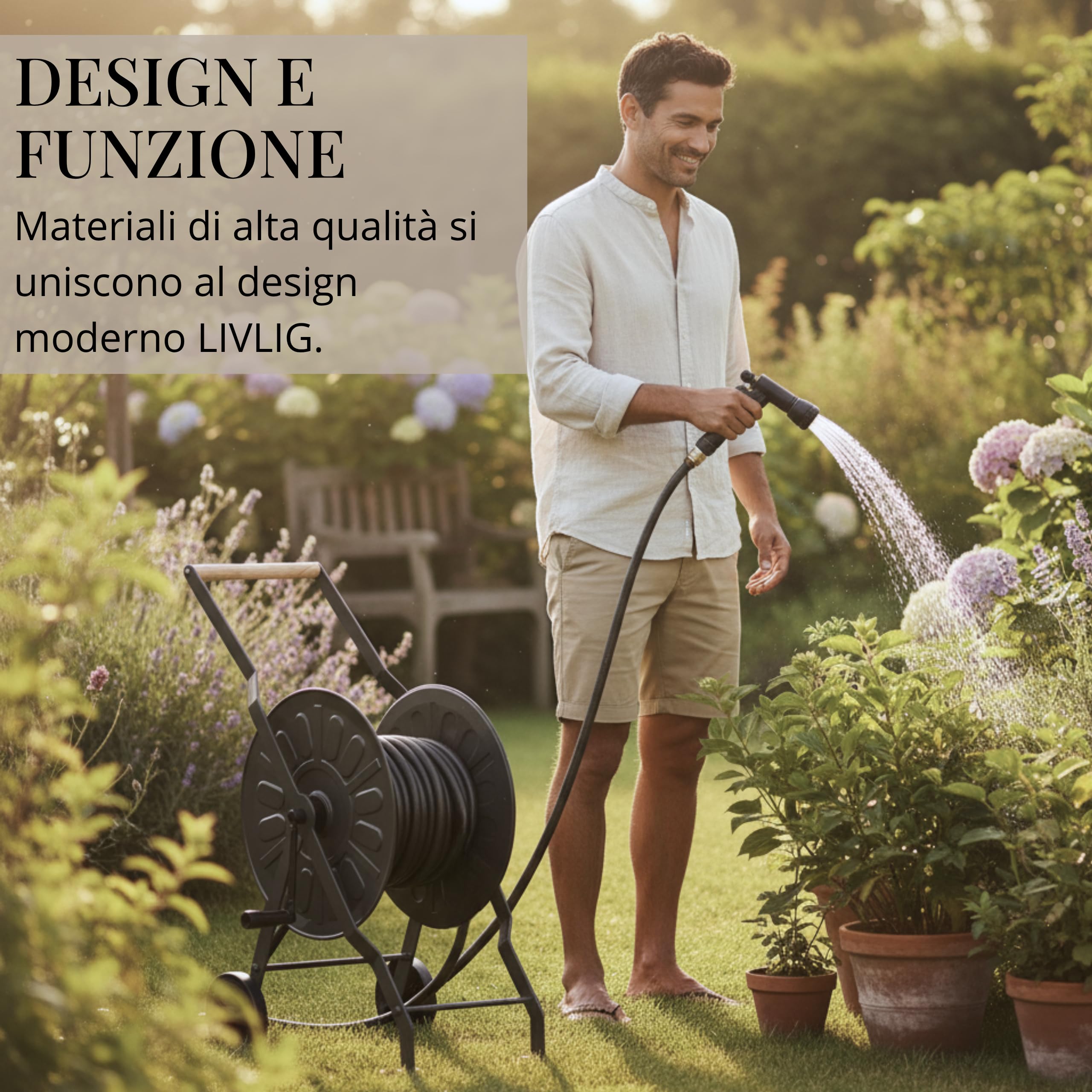 LIVLIG Carrello portatubo in metallo, carrello portatubo da giardino premium, avvolgitubo universale prodotto in Europa, tubo da giardino fino a 50 m, antracite
