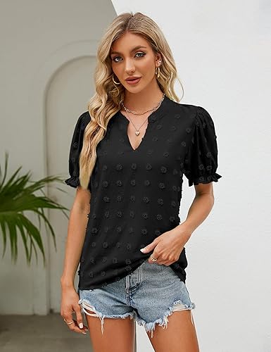 Miniatura 4 de Blooming Jelly Blusas de verano con mangas abombadas para mujer, blusas de gasa de manga corta con cuello en V blanco, camisas con pompones