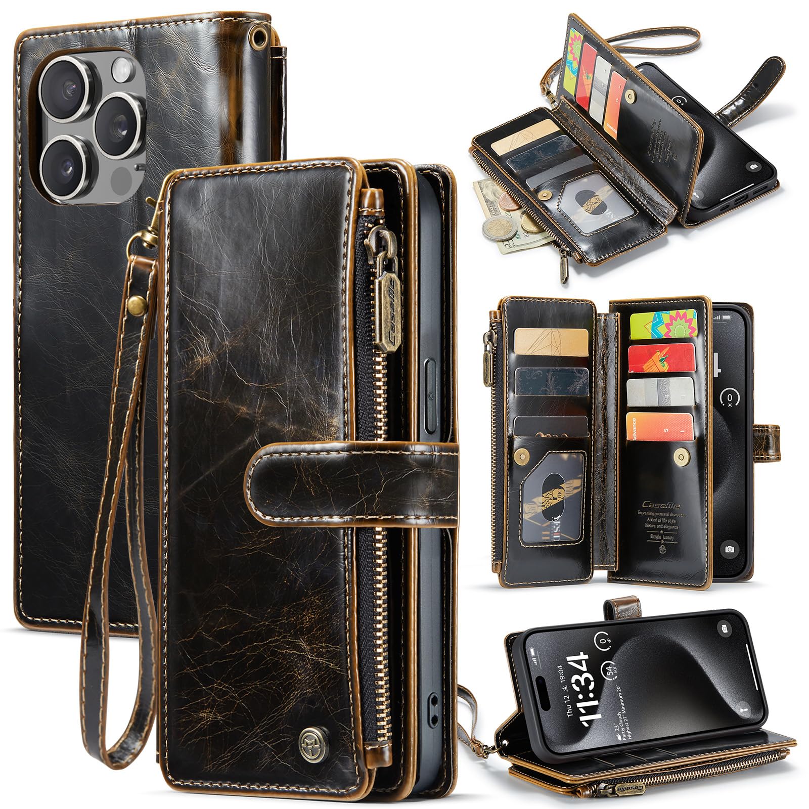 CaseMe for iPhone 15 Pro Max Wallet Case with RFID Blocking Card Holder for Women Men, Durable Zipper Strap Kickstand Shockproof Phone Cover, Brown