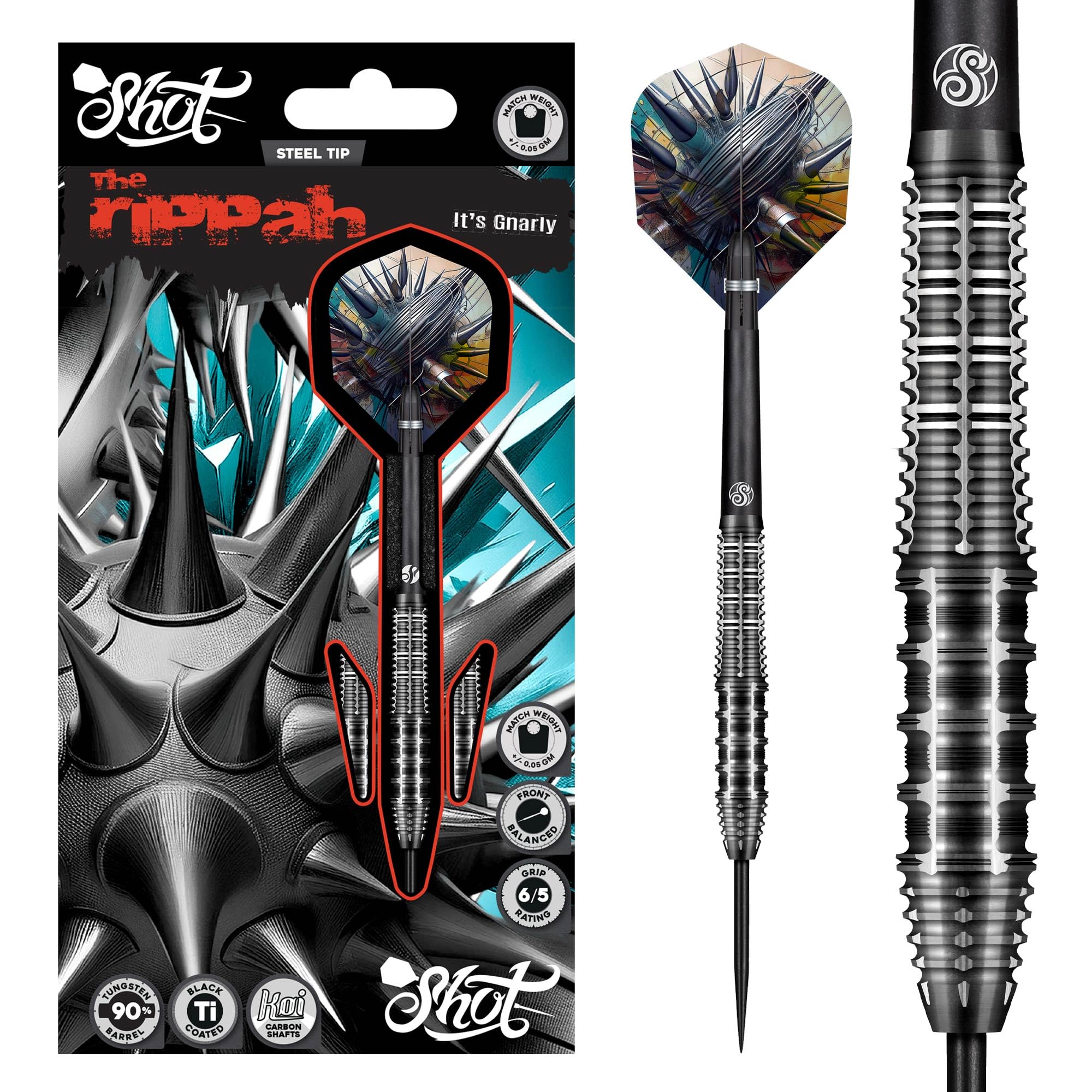 Shot! - Gnarly Rippah 90% Tungsten Steel Tip Dart Set | Front Weighted for Precision | Ideal for All Skill Levels | Hand-Matched Weight | 22g, 23g | Made in New Zealand