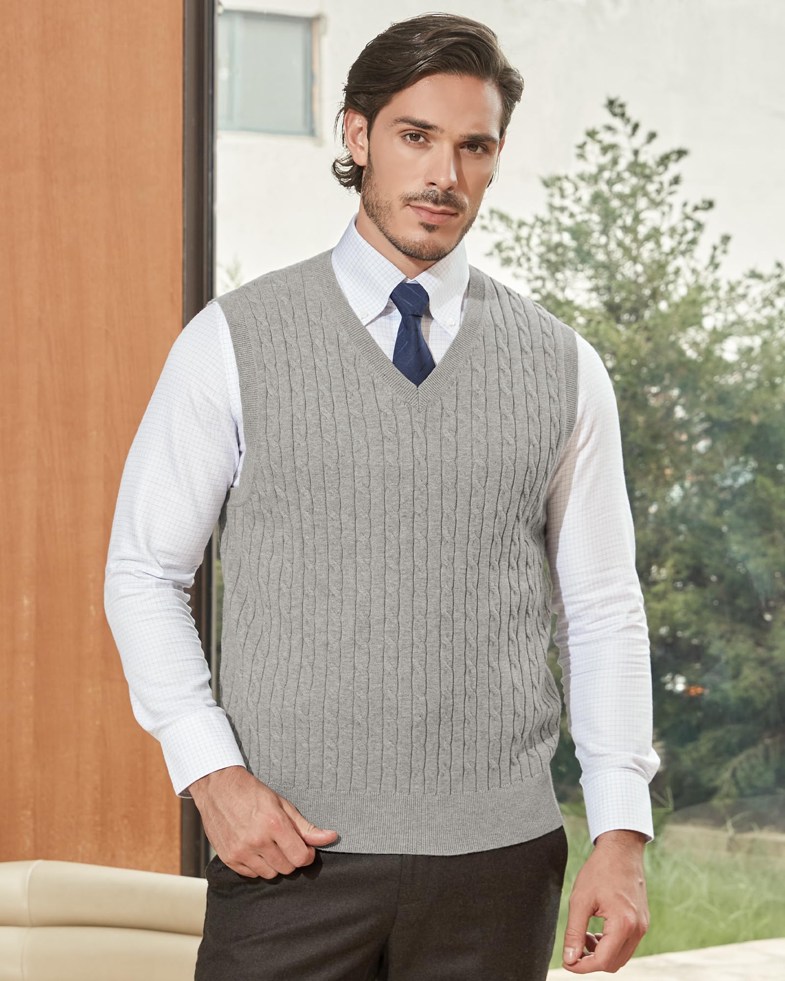 Kallspin Gilet en coton pour homme avec col en V et tricot torsadé sans manches