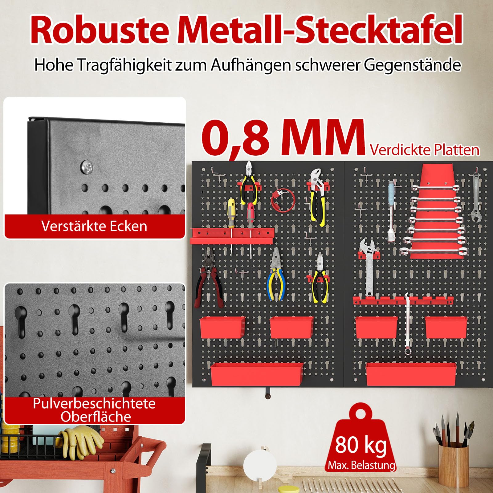 GYMAX Werkzeugwand aus Metall, 120 x 60 x 2 cm, Werkzeughalter Set mit Haken, Aufbewahrungsboxen & Werkzeughalter, Werkzeug Lochwand für Werkbank, Garage, Bastelraum