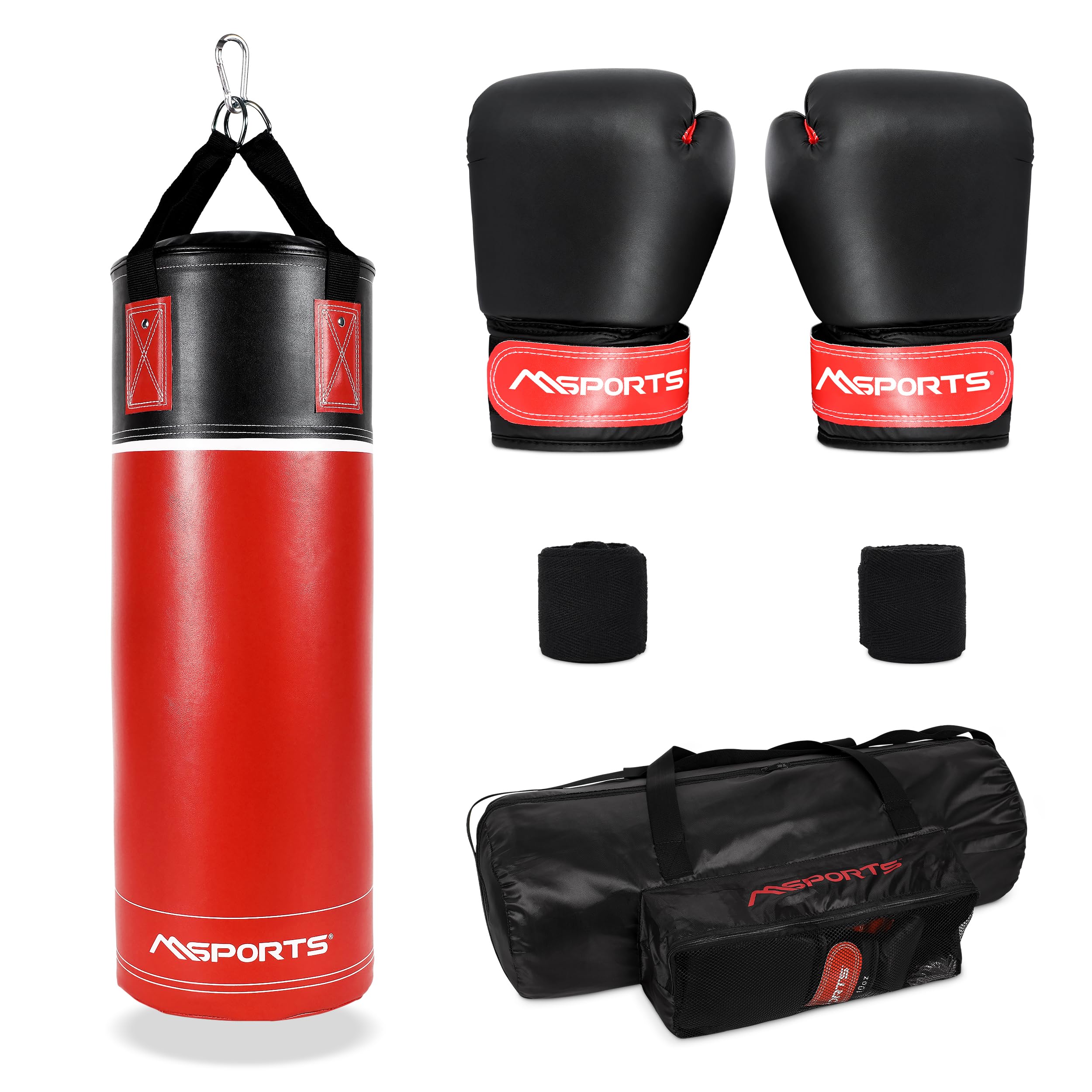 Juego de saco de boxeo profesional para niños y adolescentes, 60 x 20 cm, con guantes de boxeo, vendas y bolsa, 5,5 kg, color rojo y negro