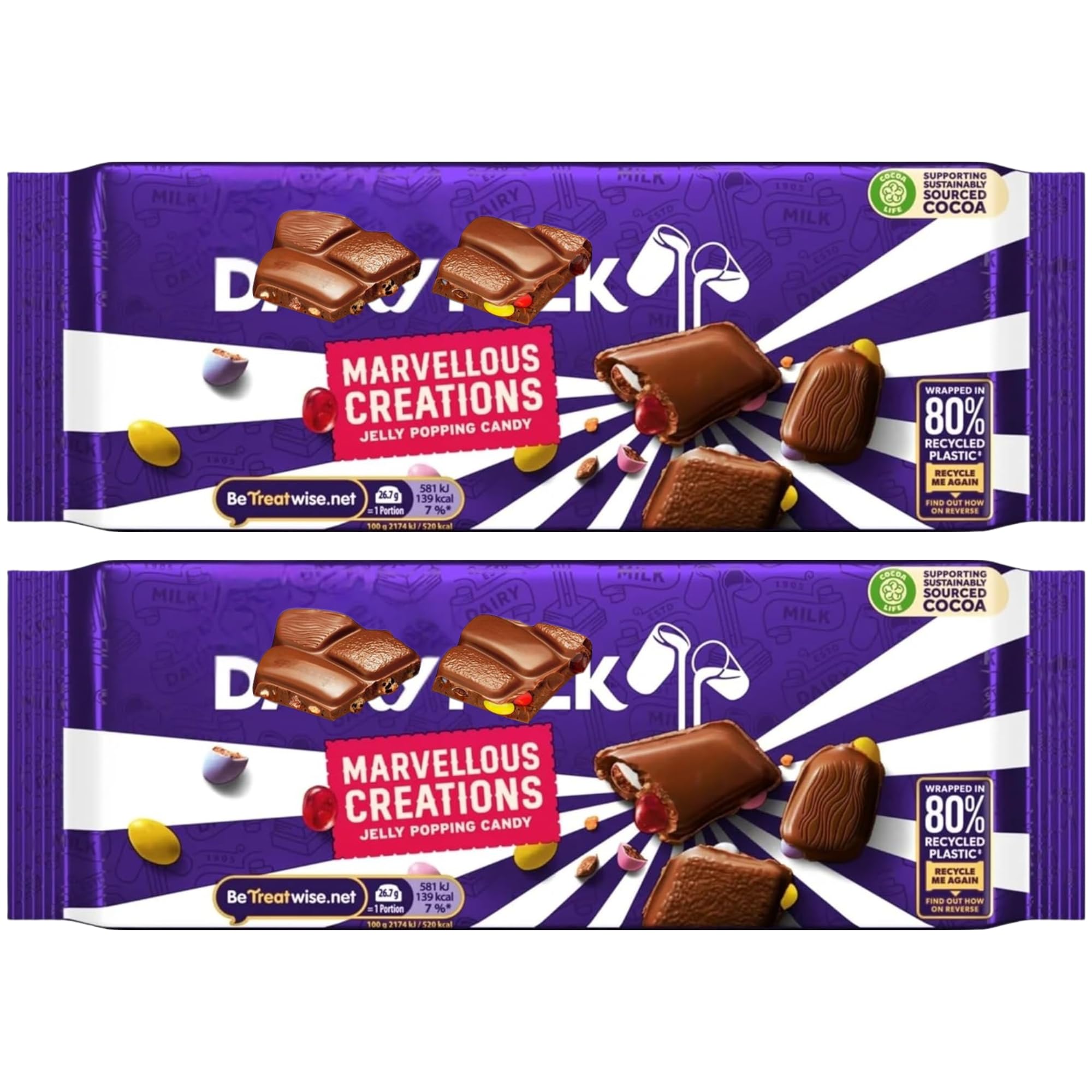Chocolate Bar Bundle With Dairy Milk Marvellous Creations Jelly Popping Candy Beans 160g (2 Pack)