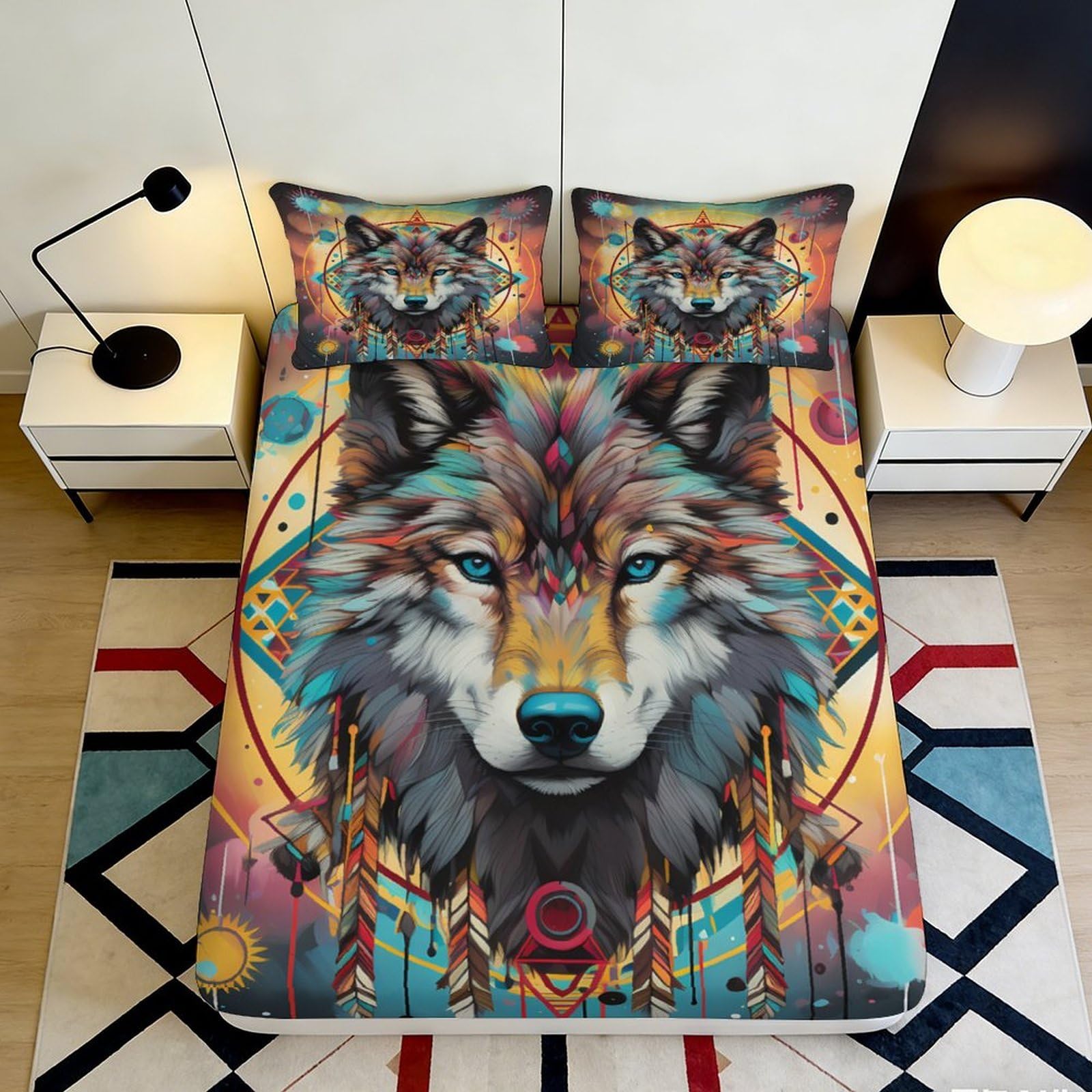 3D Printed Wolf Totem Fitted Sheet Microfiber Soft Breathable Dreamcatcher Bed Cover for Bedroom Guest Room Decor 90x200x25cm