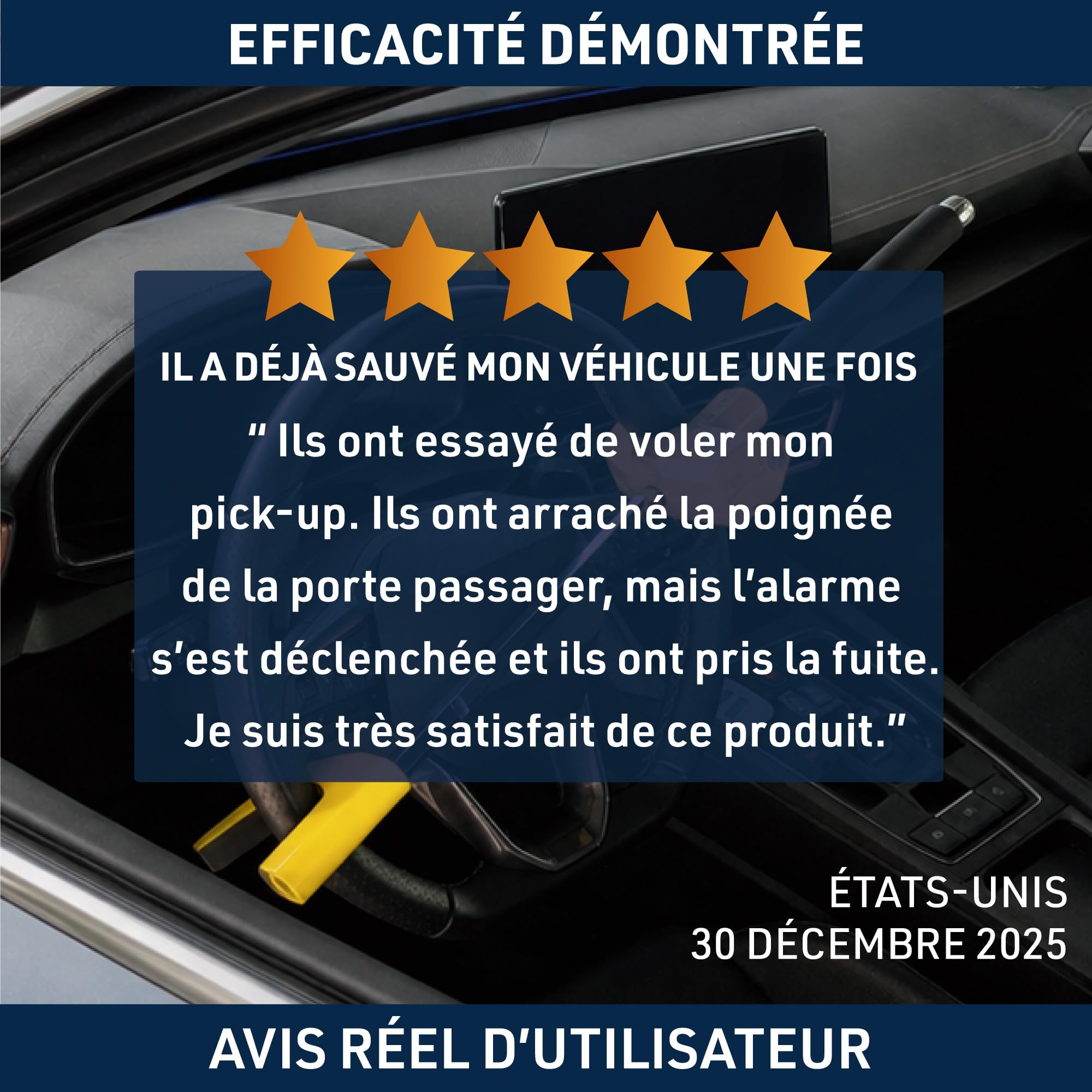 URBAN UR978Y Antivol Voiture Double Sécurité | Canne Antivol Voiture + Alarme Hi-Tech 120dB LED Warning | Sûr, Dissuassif, Résisté Tentative Vol | Bloque Volant Breveté, Barre Bloc Auto Universelle