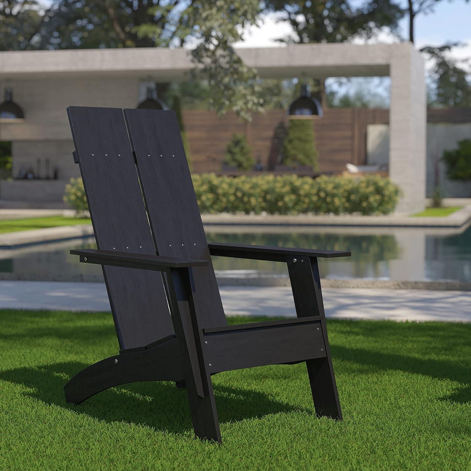EMMA + OLIVER Black Modern Dual Slat Back Indoor/Outdoor Adirondack Style Patio Chair