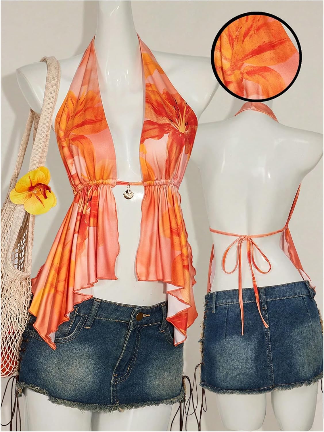 SHENHE Women's Sexy Backless Split Open Front Floral Halter Tank Flowy Beach Vacation Top - Image 5