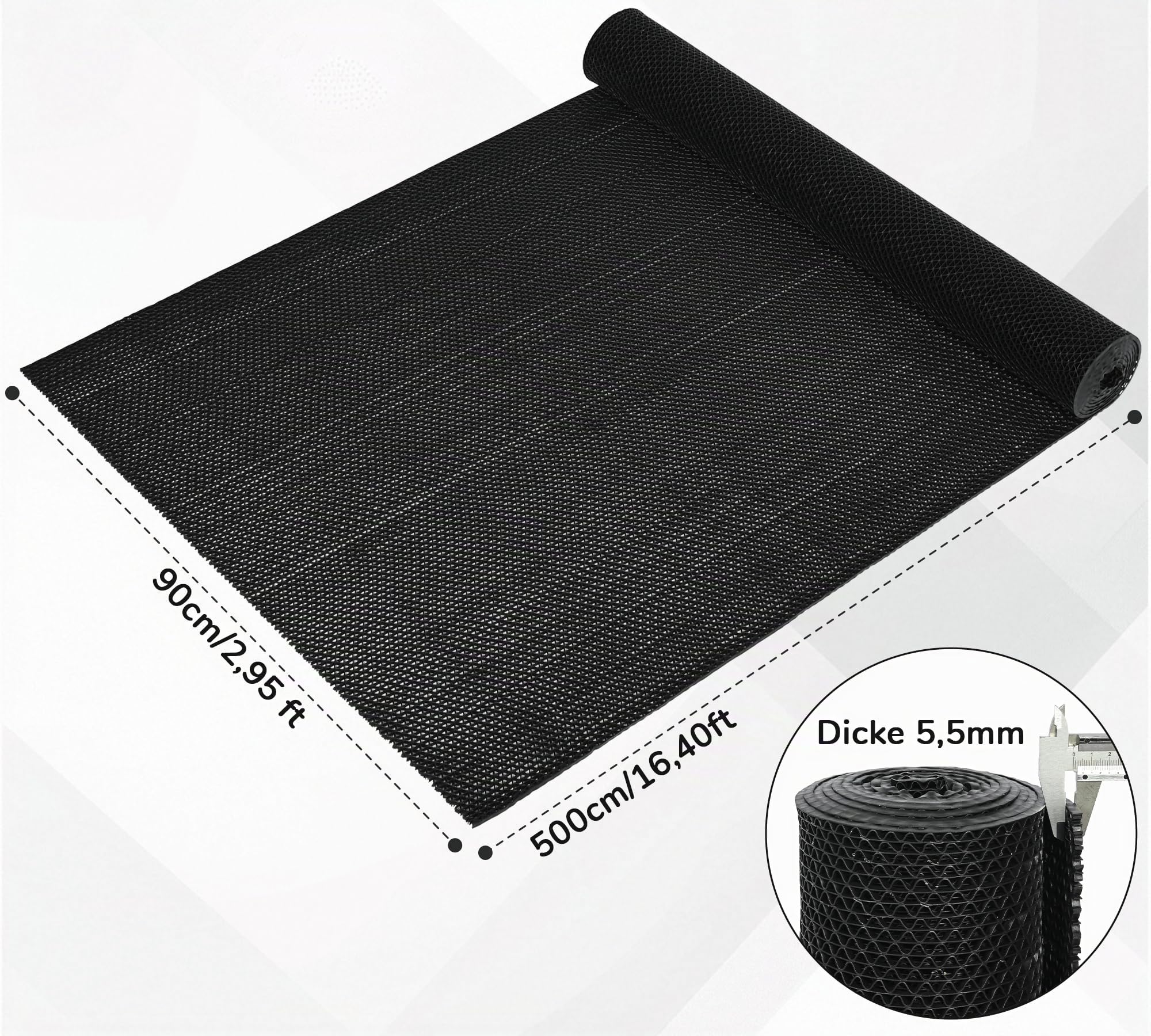 MYOYAY Drainagematte Antirutschmatte 0,9 x 5m, 5,5mm Dick rutschfeste S-Netzteppich mit Perforationen rutschfeste Badematte Geeignet für Badezimmer Garage und Flur (Schwarz)