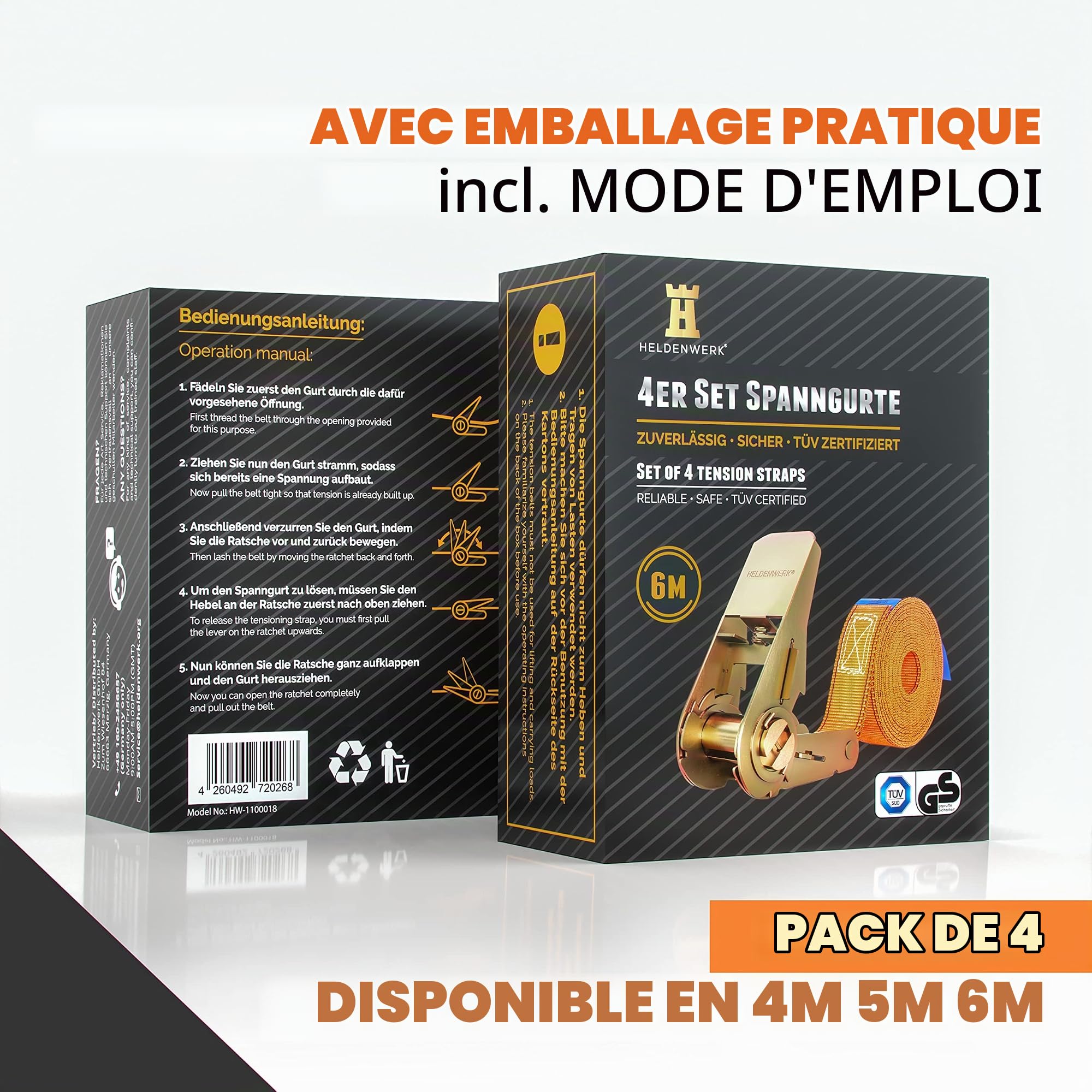 Heldenwerk Lot de 4 sangles d'arrimage avec cliquet de 4 m, 5 m ou 6 m - Certifiées TÜV/GS - Avec double couture - Résistantes aux intempéries et robustes, 1100020